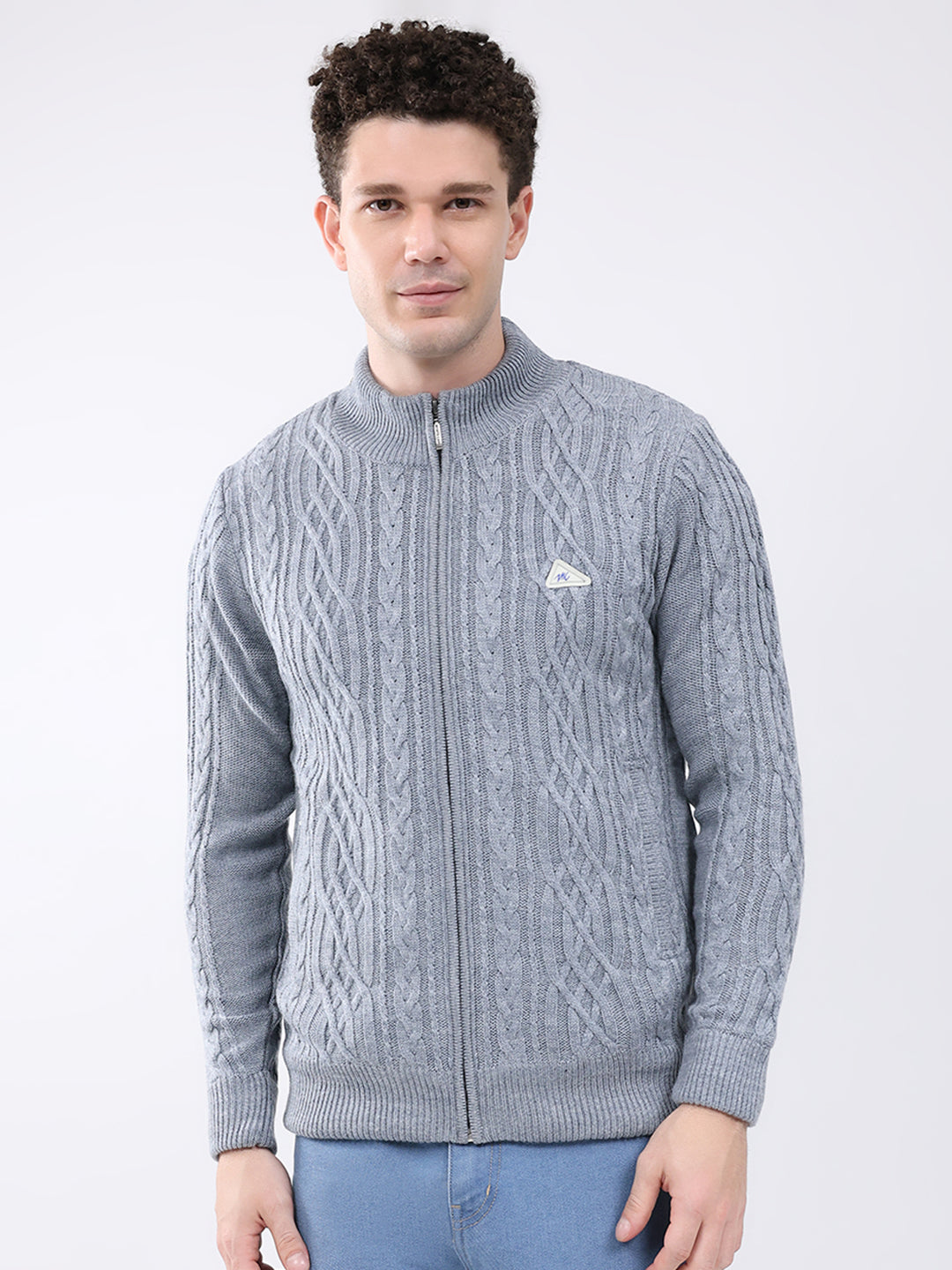 Men Grey Self Design Mock Neck Full Sleeve Jacket