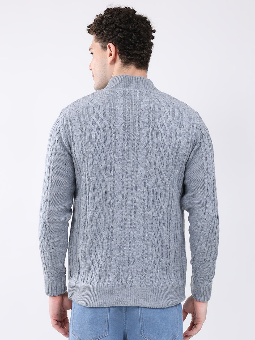 Men Grey Self Design Mock Neck Full Sleeve Jacket