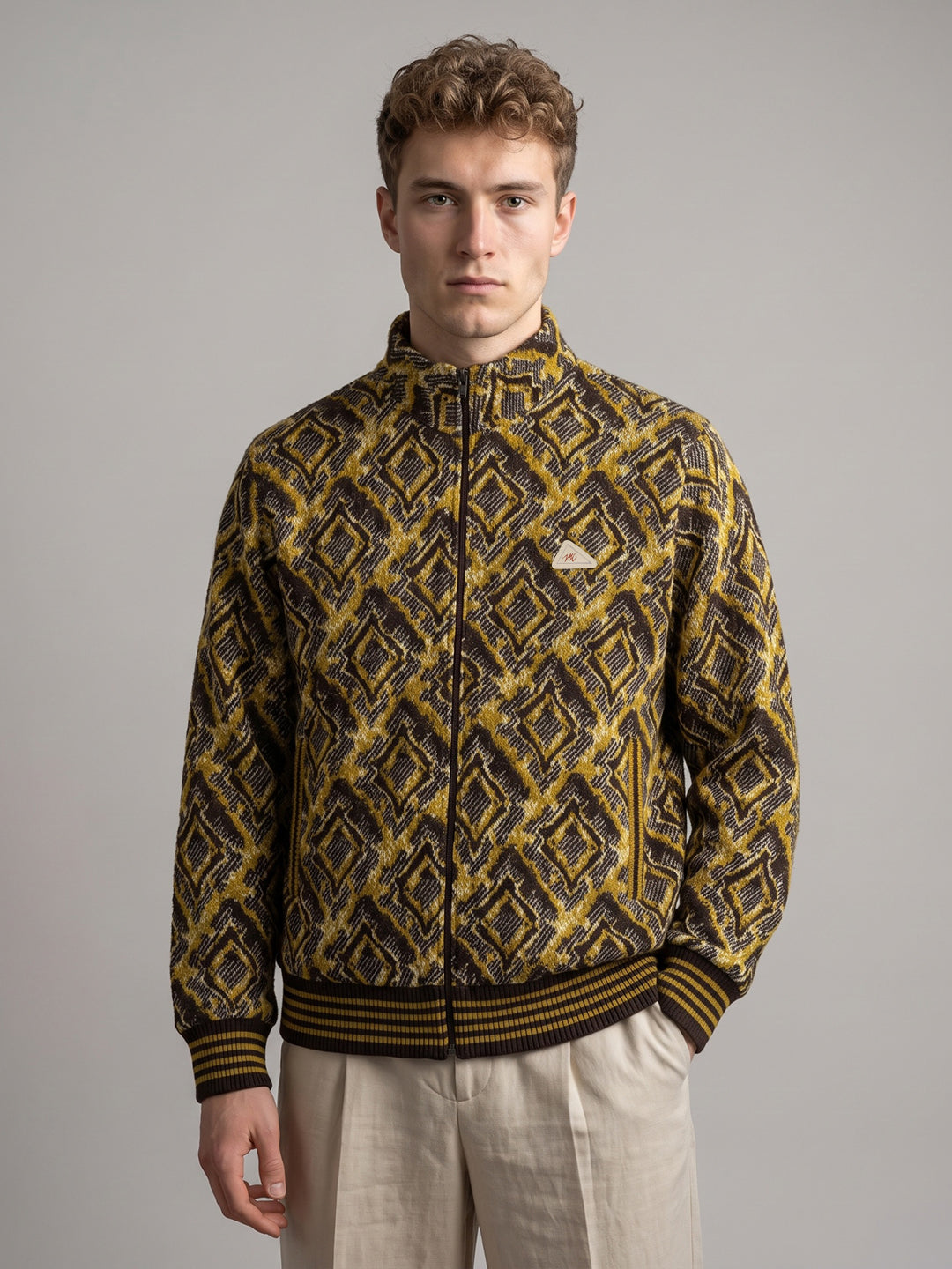 Men Mustard Jacquard Turtle Neck Full Sleeve Jacket