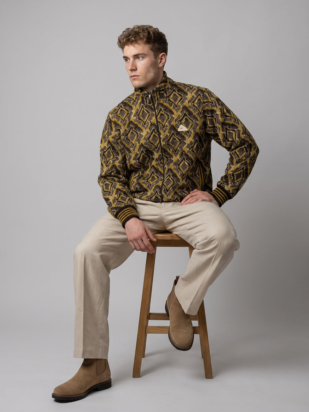 Men Mustard Jacquard Turtle Neck Full Sleeve Jacket