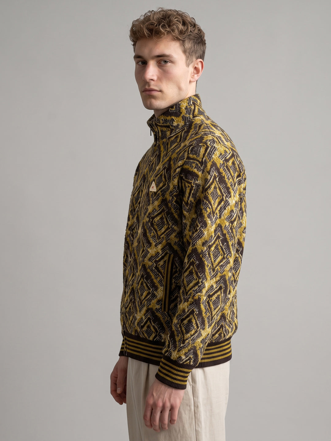 Men Mustard Jacquard Turtle Neck Full Sleeve Jacket