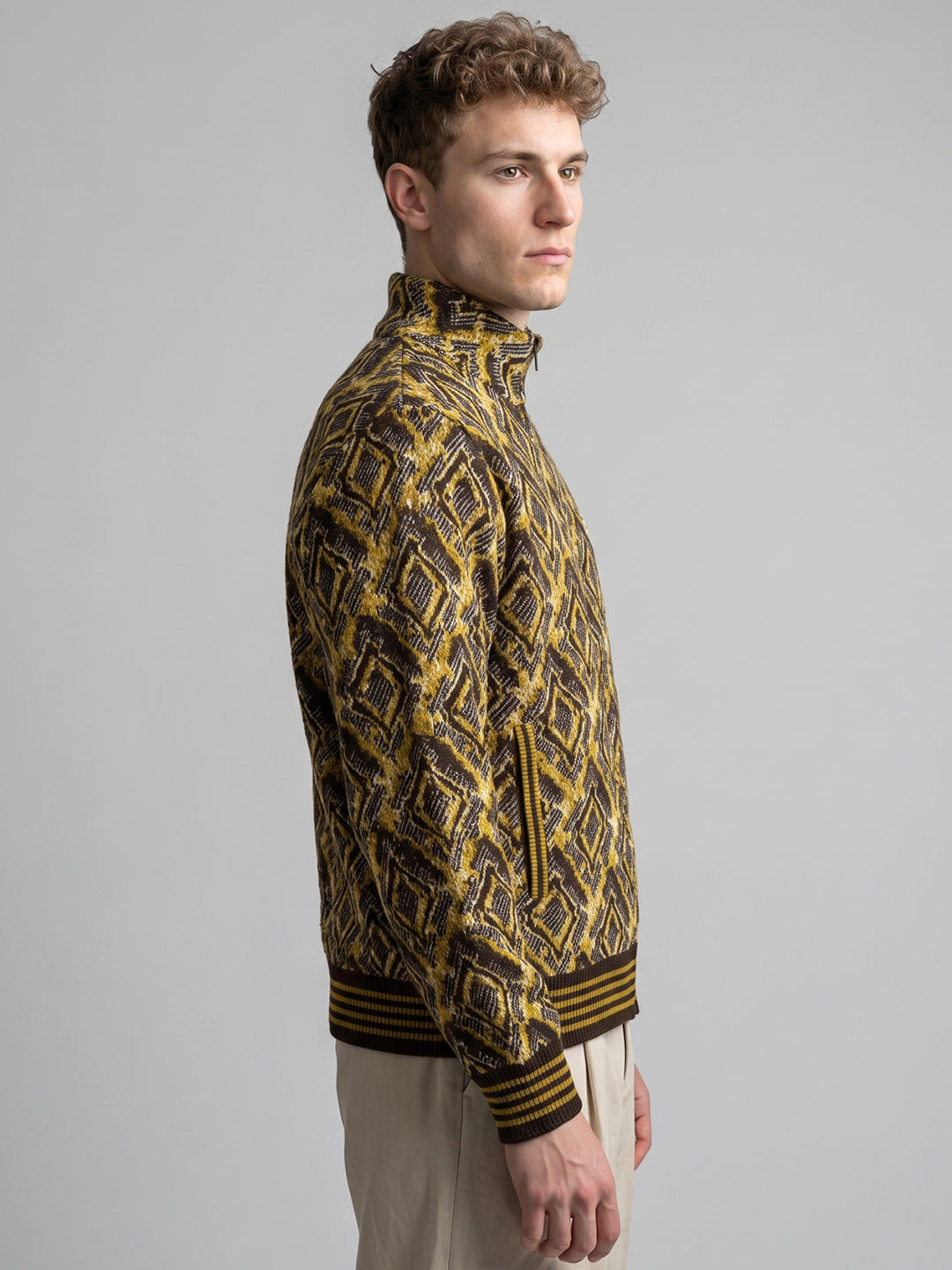 Men Mustard Jacquard Turtle Neck Full Sleeve Jacket