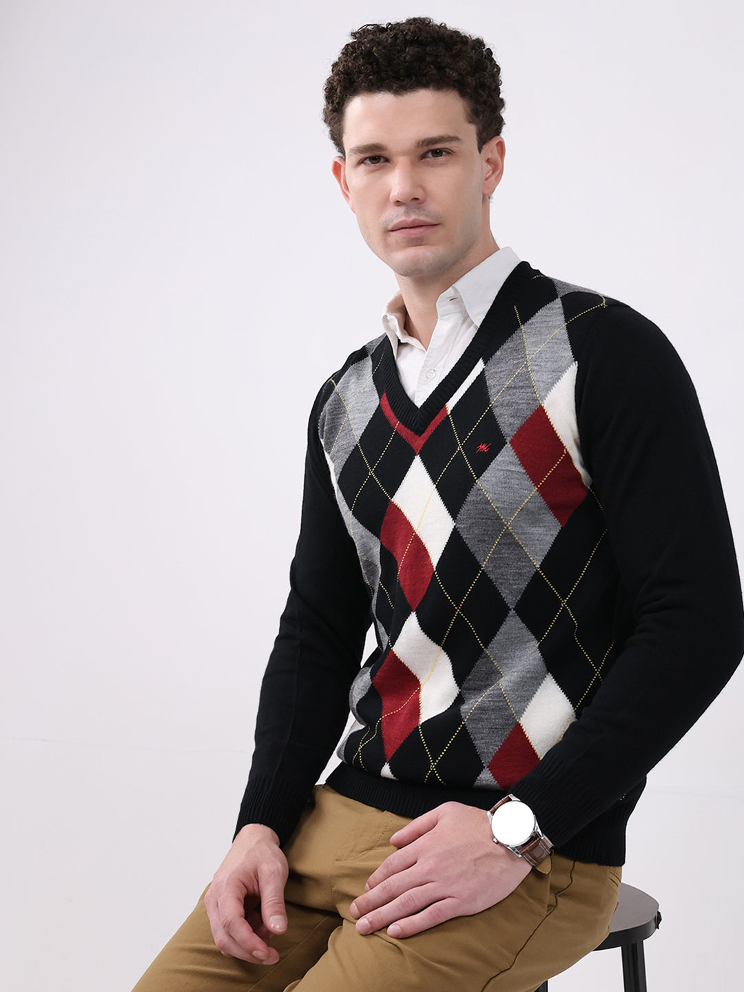 Men Black Printed V Neck Full Sleeve Pullover