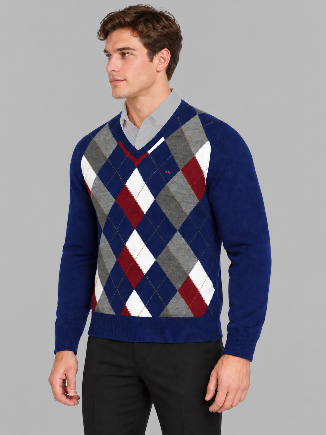 Men Blue Printed V Neck Full Sleeve Pullover