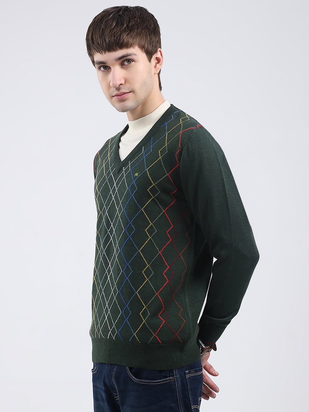 Men Olive Self Design V Neck Full Sleeve Pullover