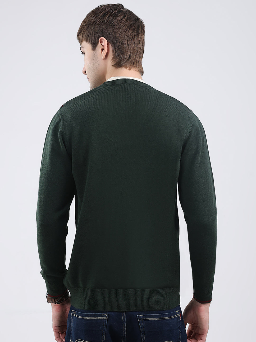 Men Olive Self Design V Neck Full Sleeve Pullover