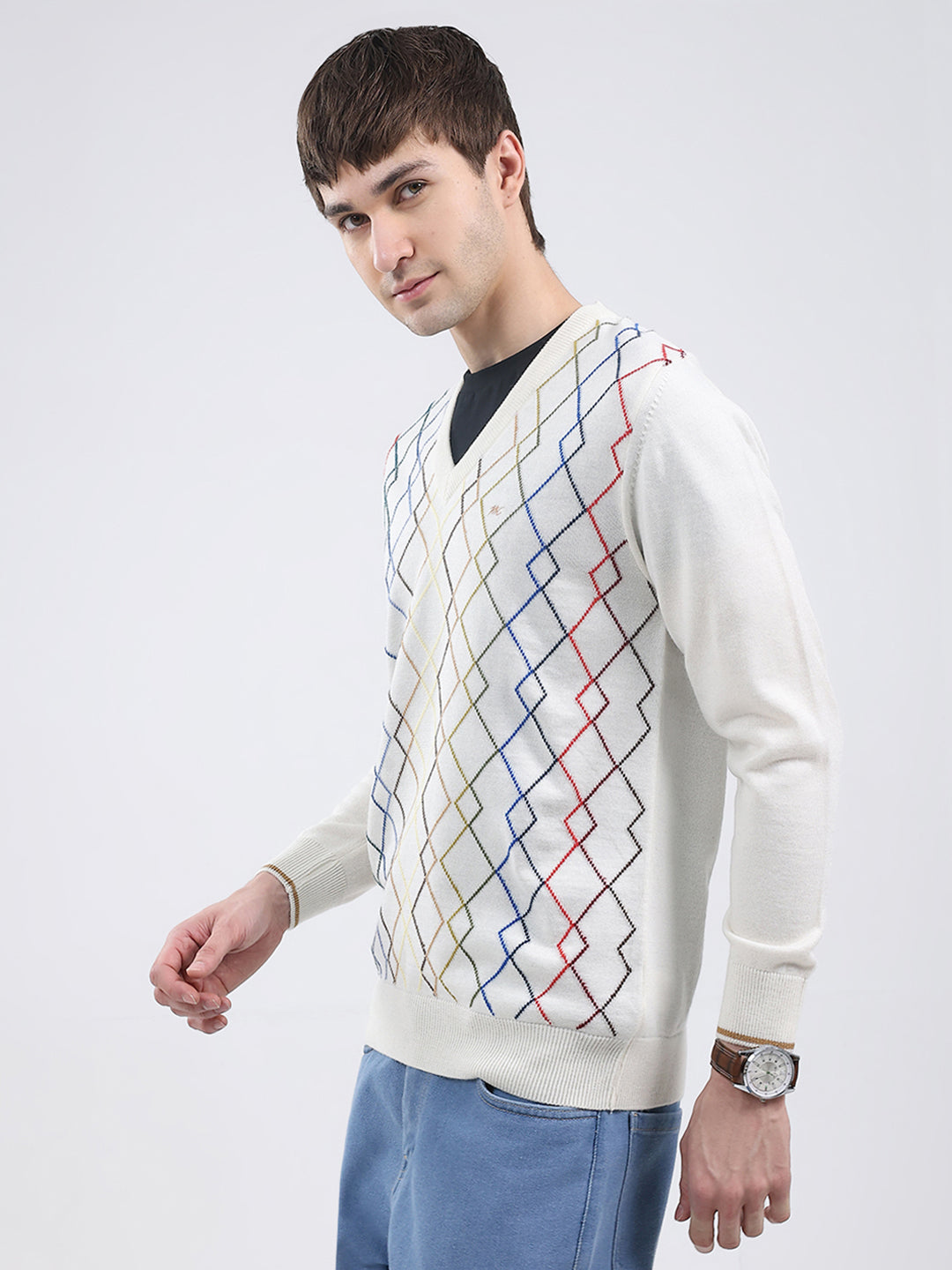 Men White Self Design V Neck Full Sleeve Pullover