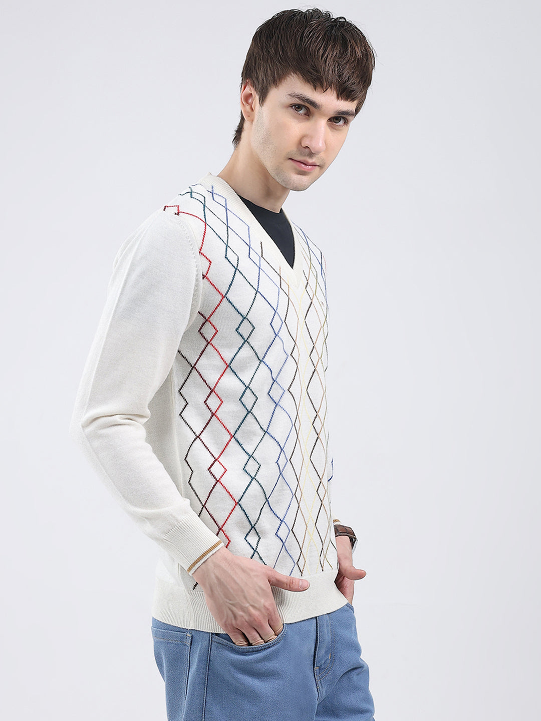 Men White Self Design V Neck Full Sleeve Pullover