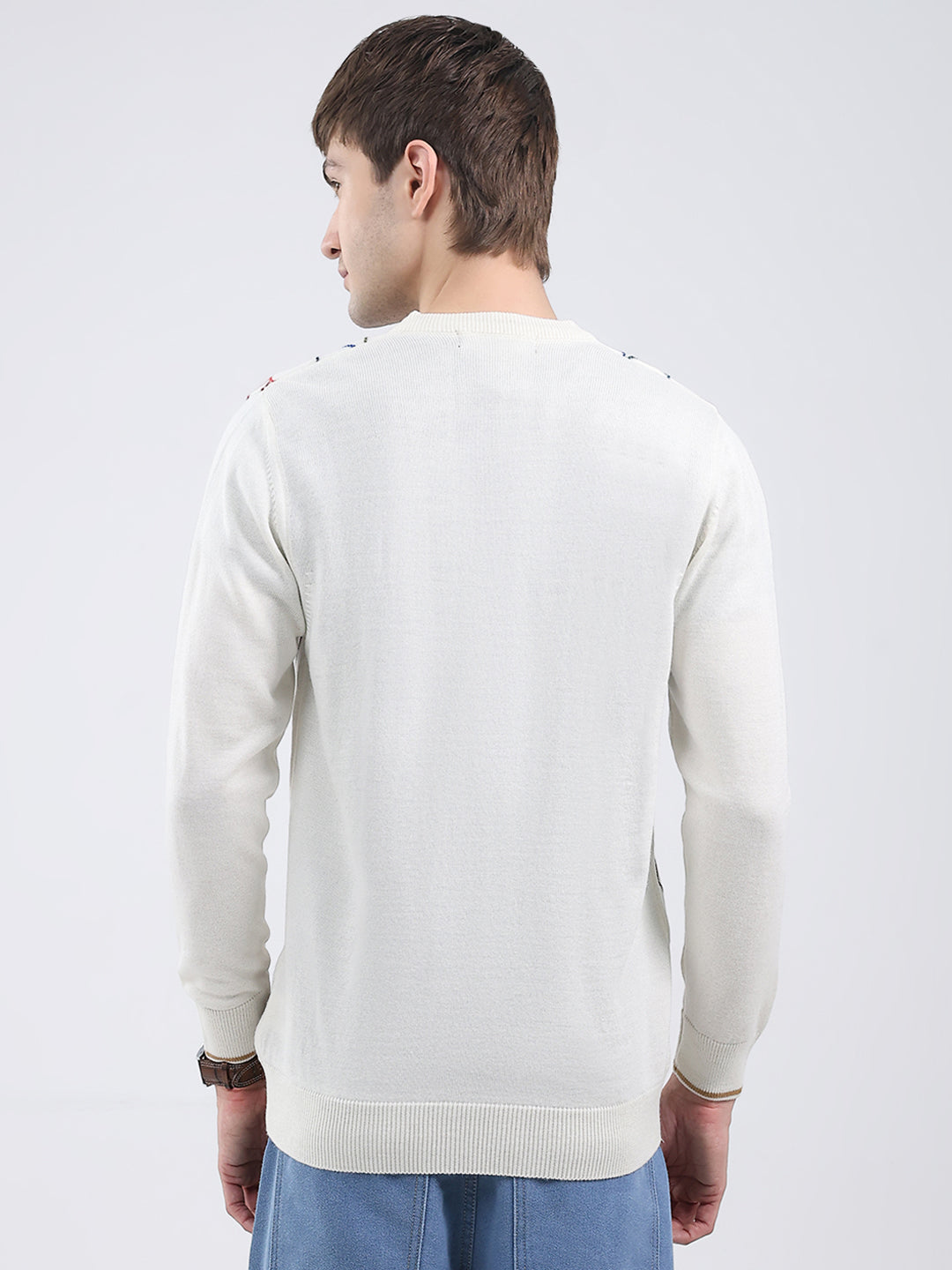 Men White Self Design V Neck Full Sleeve Pullover