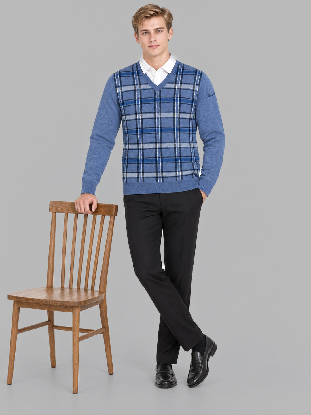 Men Brown Jacquard V Neck Full Sleeve Pullover