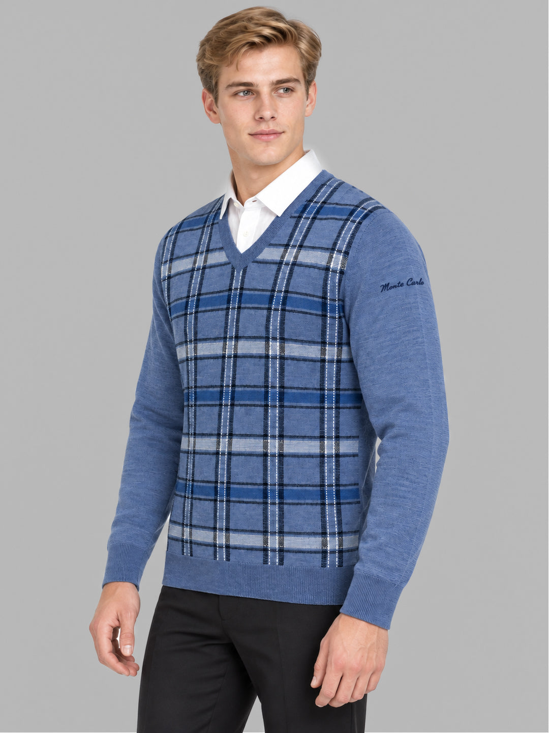 Men Brown Jacquard V Neck Full Sleeve Pullover