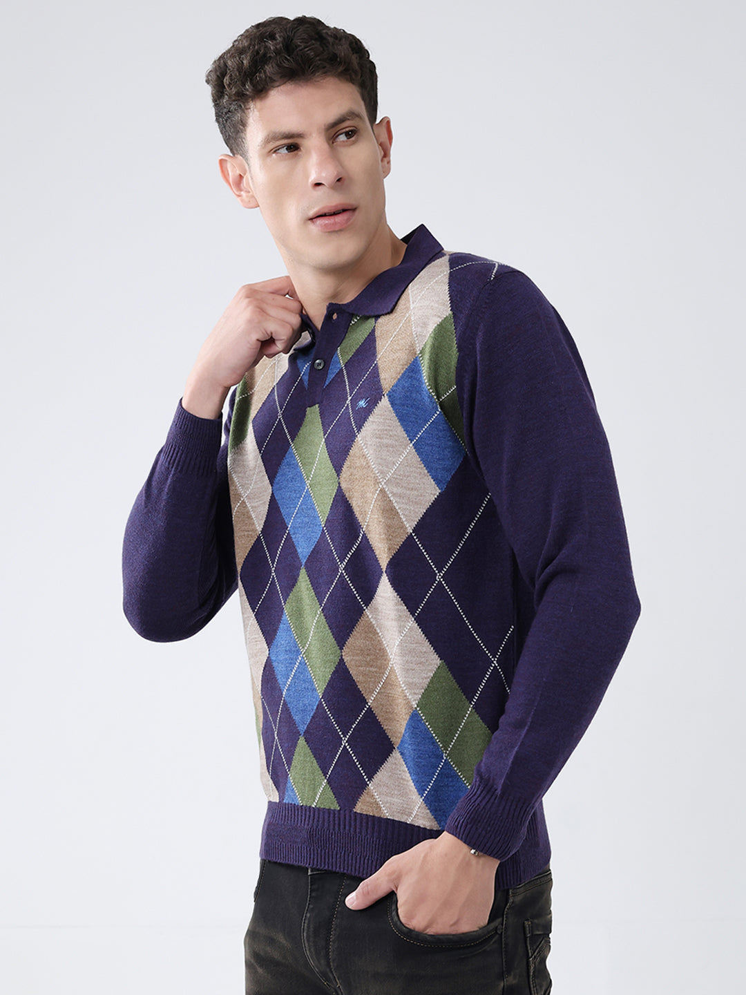 Men Purple Self Design Collar Full Sleeve Winter T-Shirt