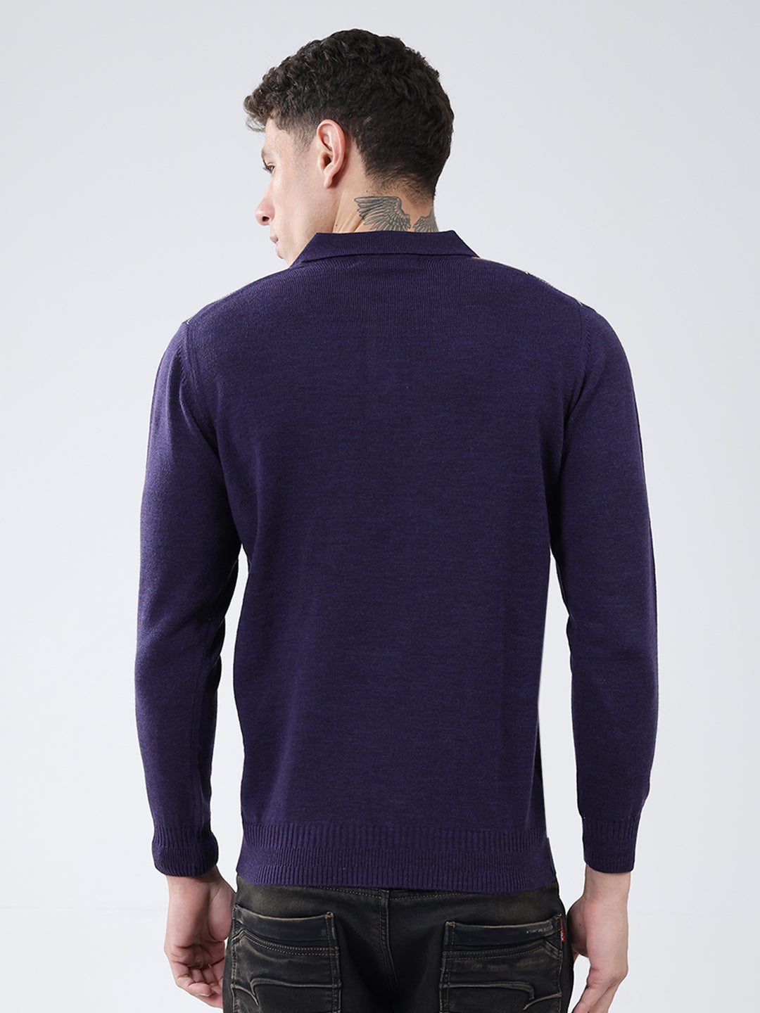 Men Purple Self Design Collar Full Sleeve Winter T-Shirt