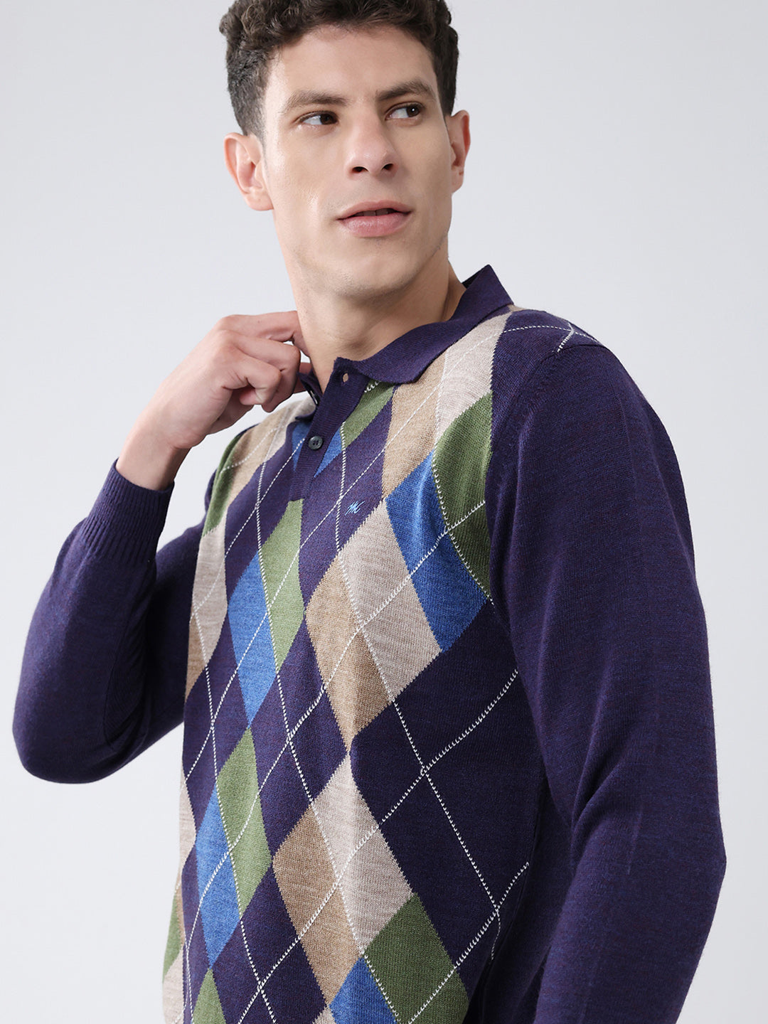 Men Purple Self Design Collar Full Sleeve Winter T-Shirt