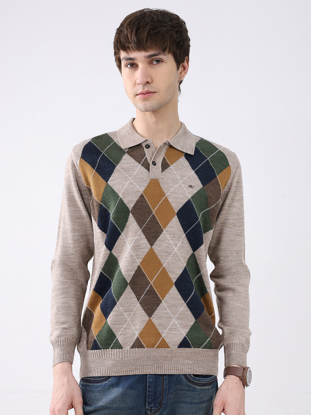 Men Beige Printed Collar Full Sleeve Winter T-Shirt