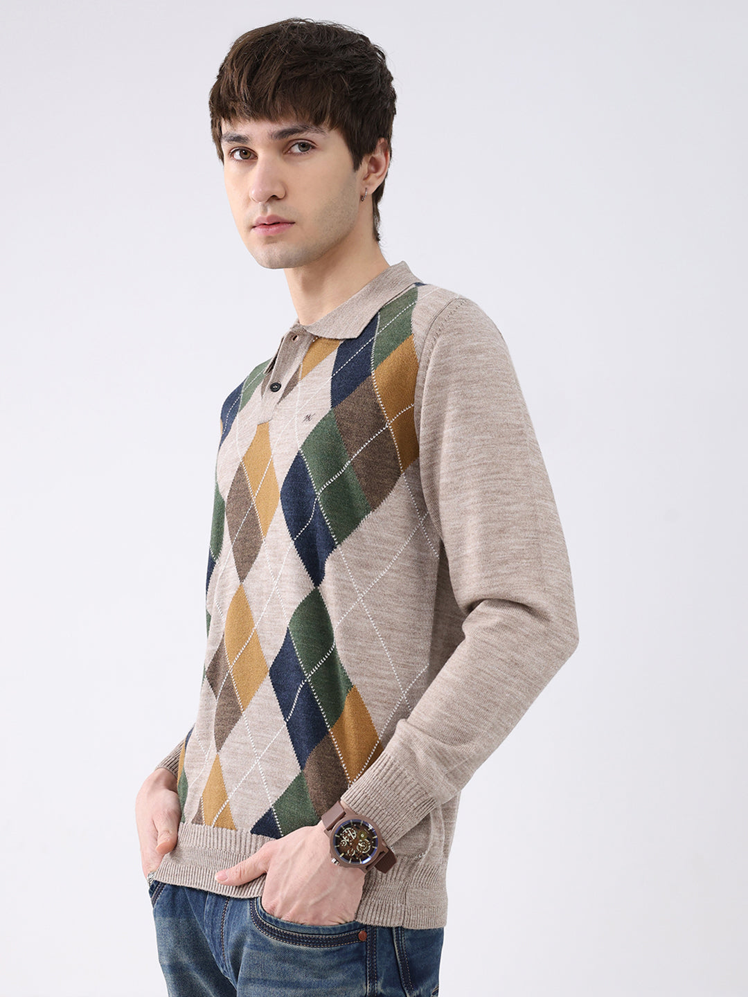 Men Beige Printed Collar Full Sleeve Winter T-Shirt