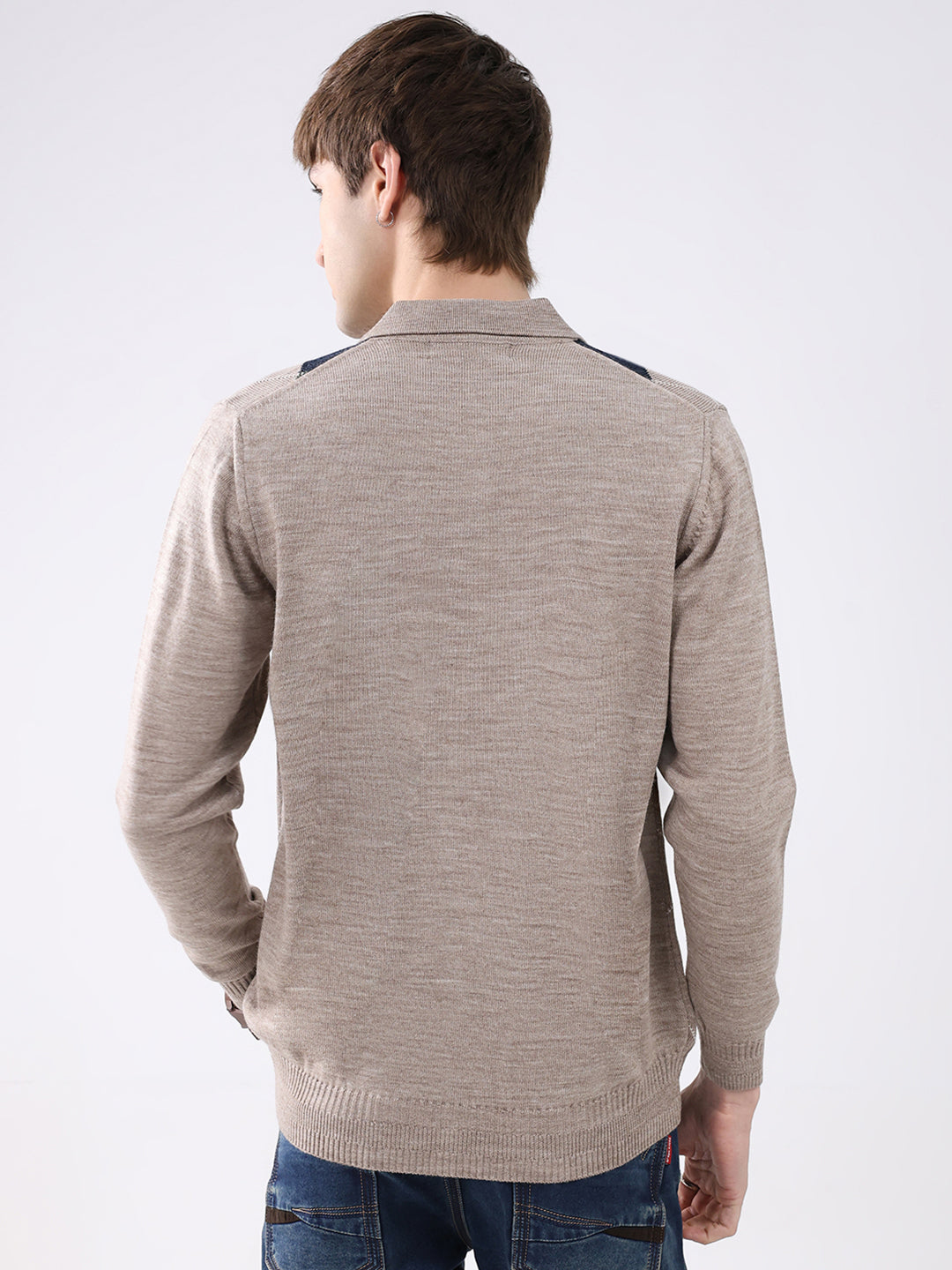 Men Beige Printed Collar Full Sleeve Winter T-Shirt
