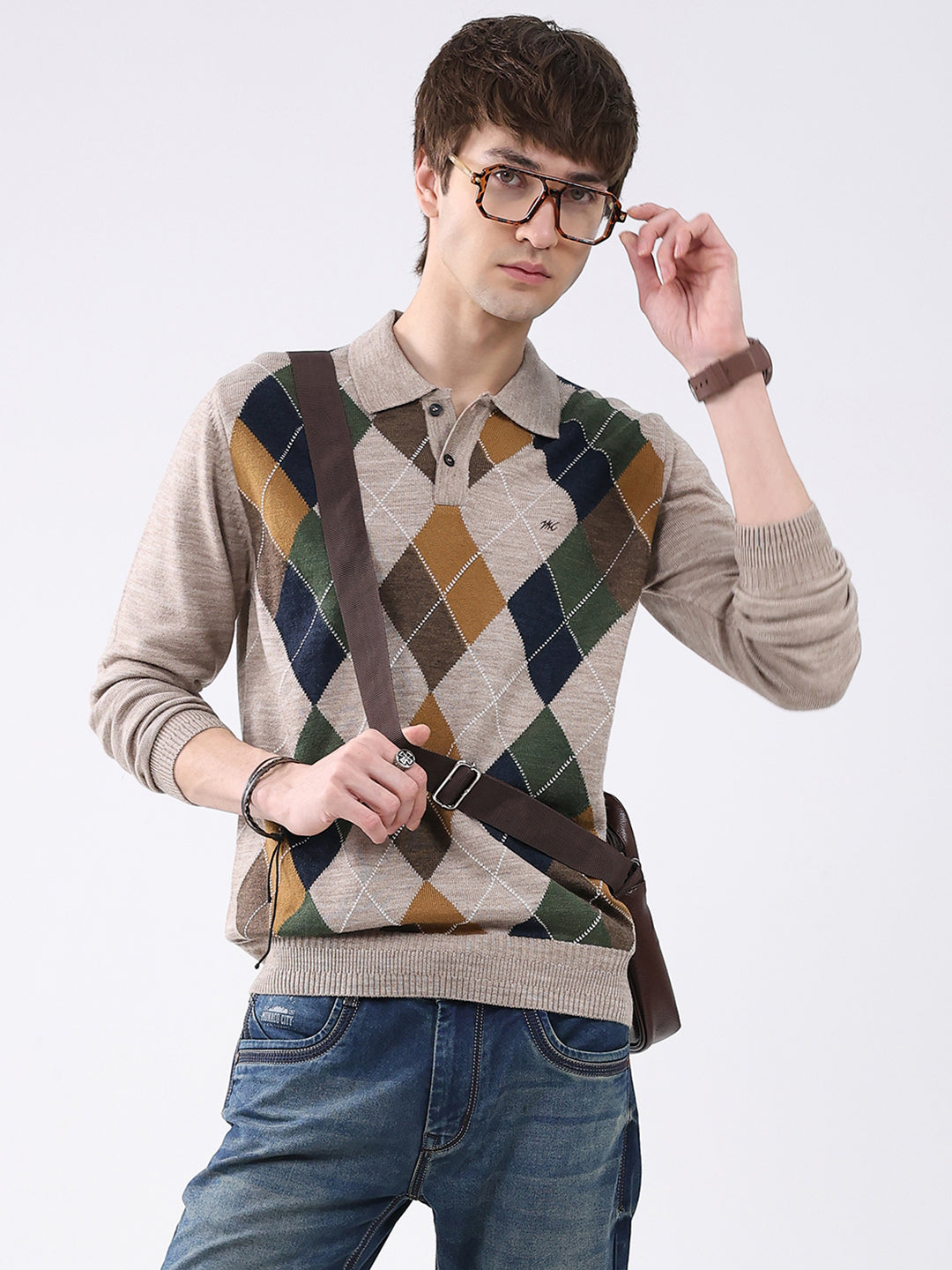 Men Beige Printed Collar Full Sleeve Winter T-Shirt