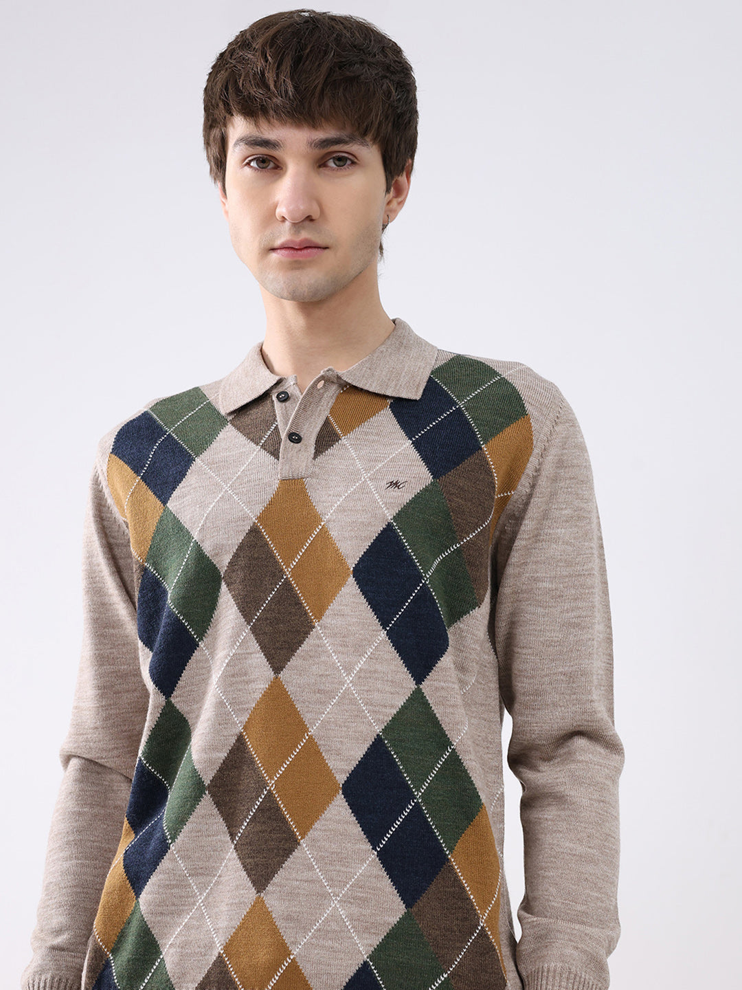 Men Beige Printed Collar Full Sleeve Winter T-Shirt