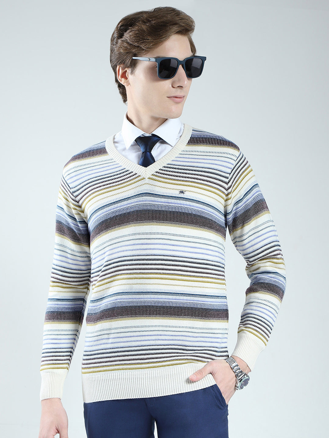 Men Cream Stripe V Neck Full Sleeve Pullover