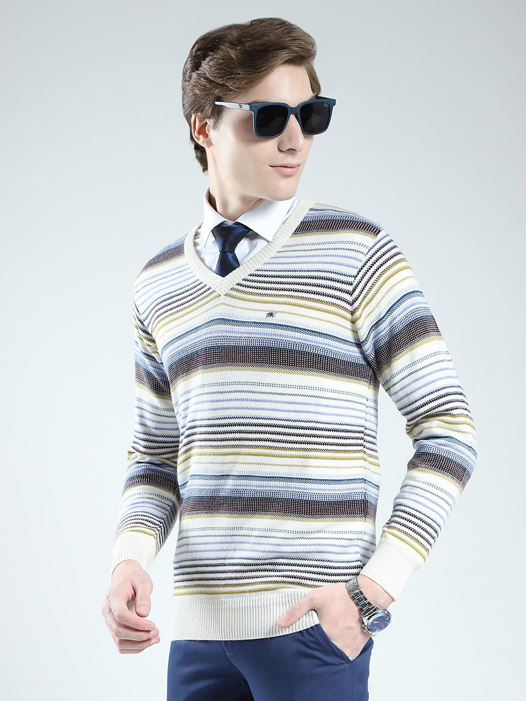 Men Cream Stripe V Neck Full Sleeve Pullover