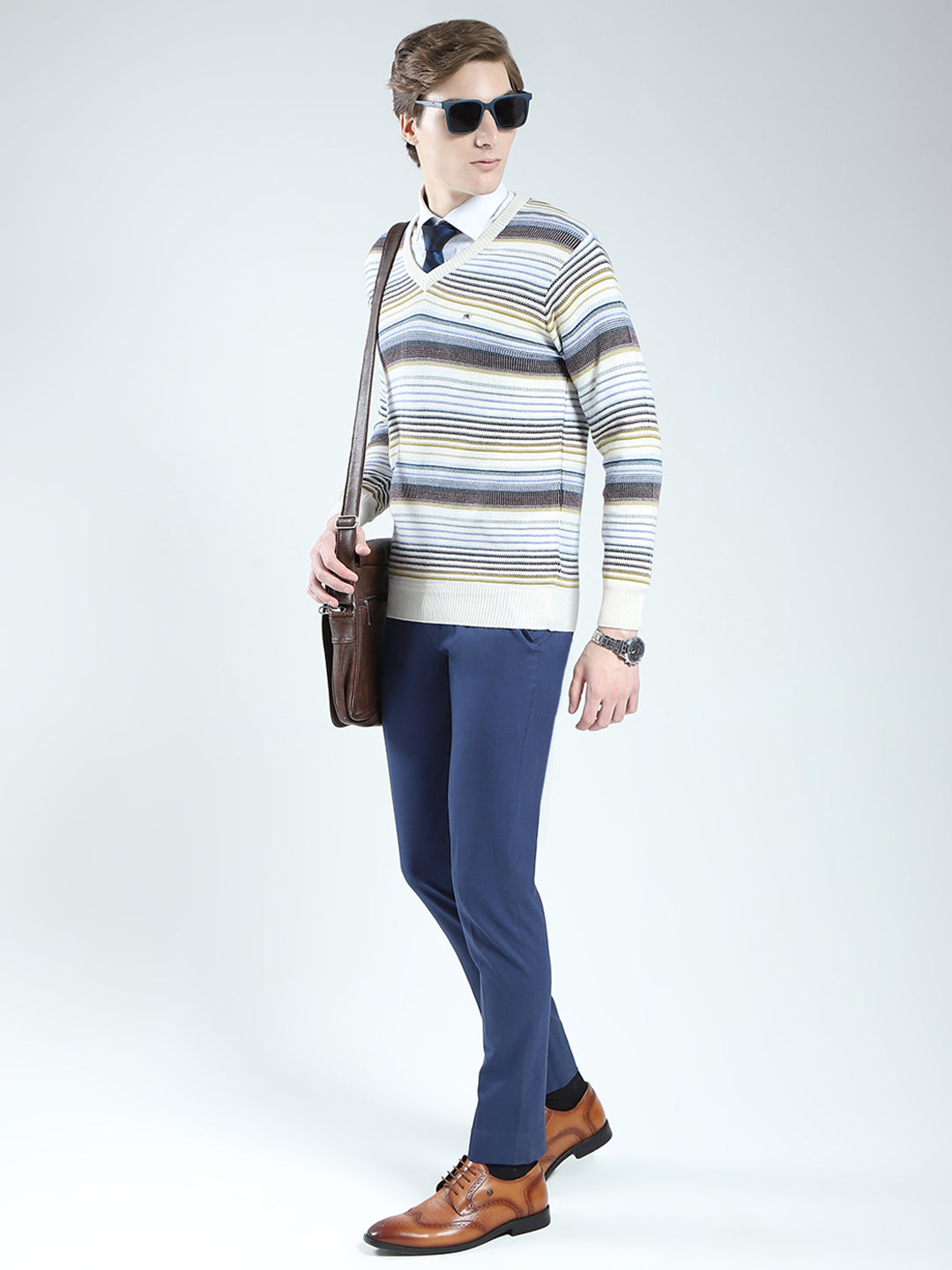 Men Cream Stripe V Neck Full Sleeve Pullover