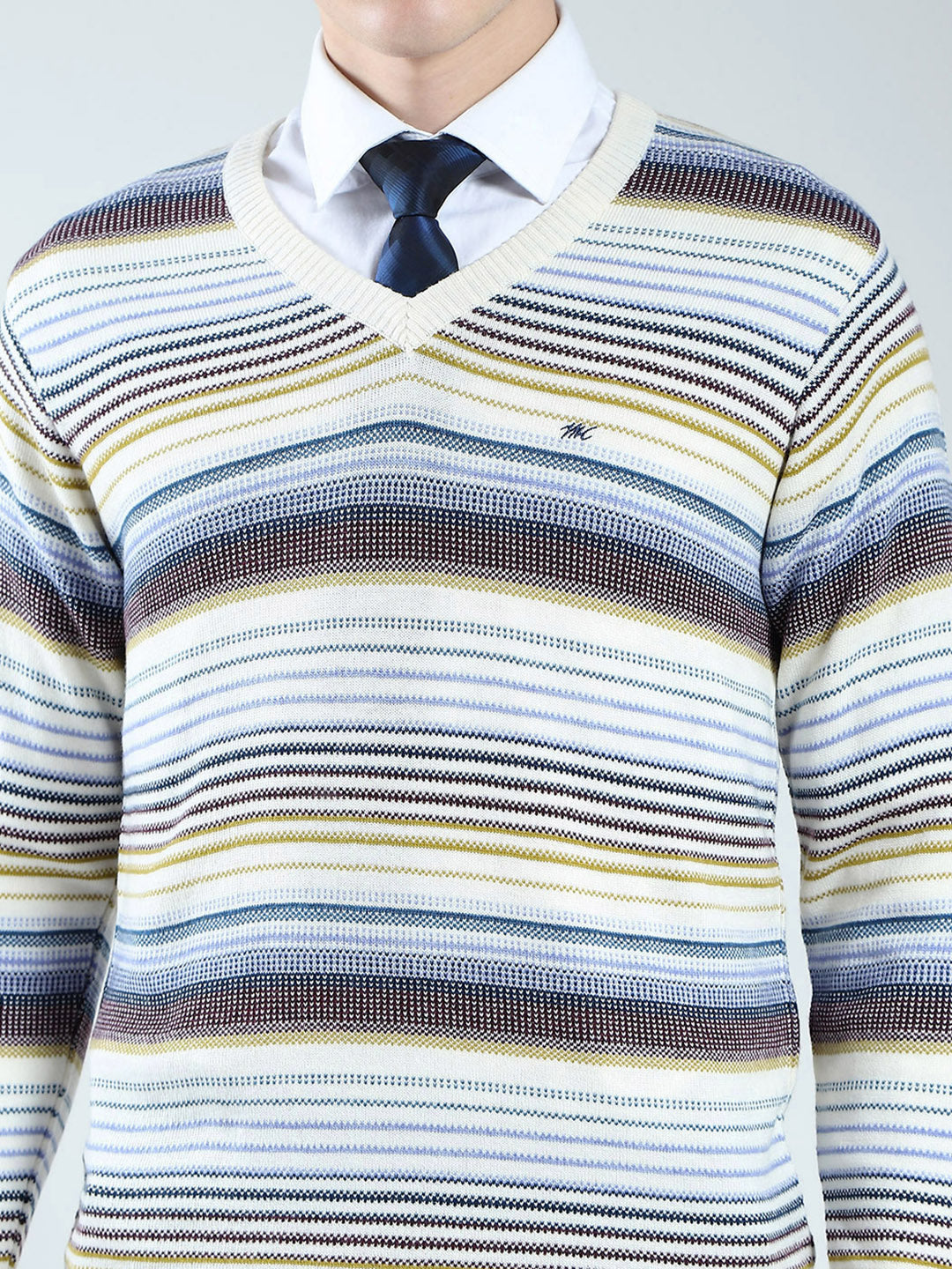 Men Cream Stripe V Neck Full Sleeve Pullover