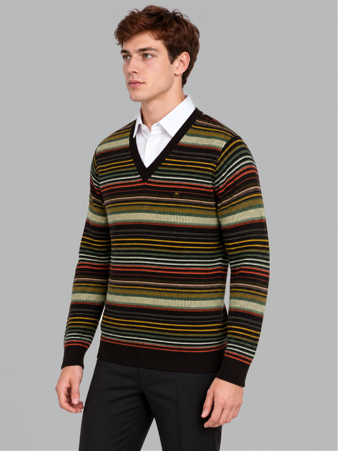 Men Brown Stripe V Neck Full Sleeve Pullover
