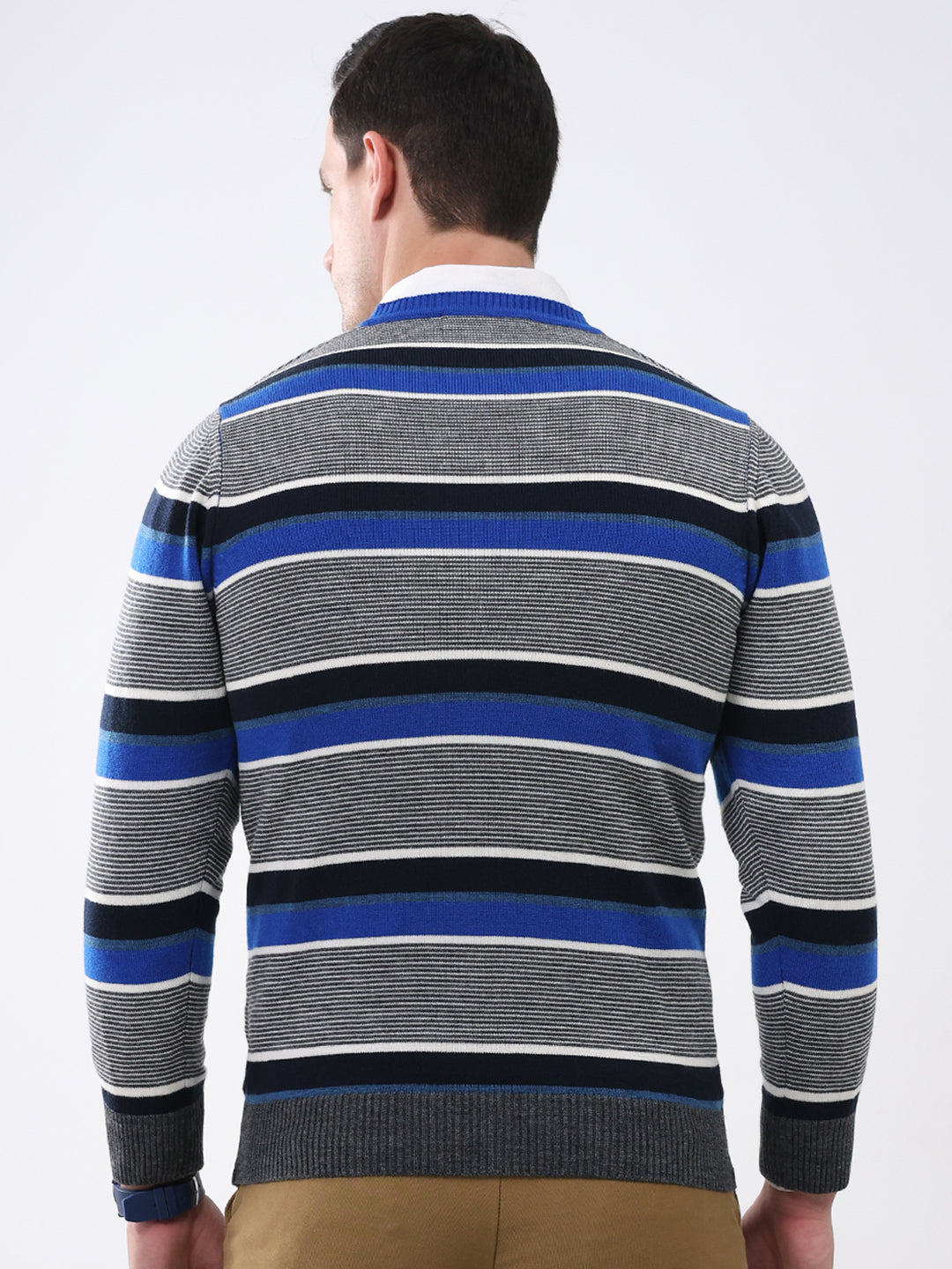 Men Blue & Grey Stripe V Neck Full Sleeve Pullover