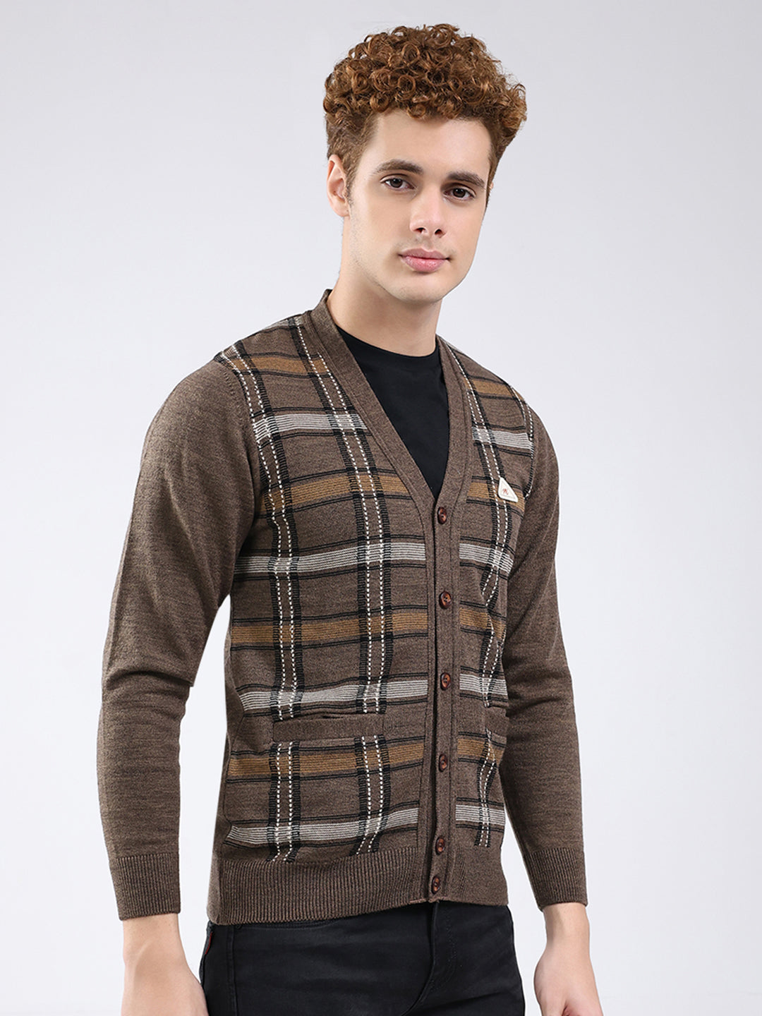 Men Brown Printed V Neck Full Sleeve Cardigan