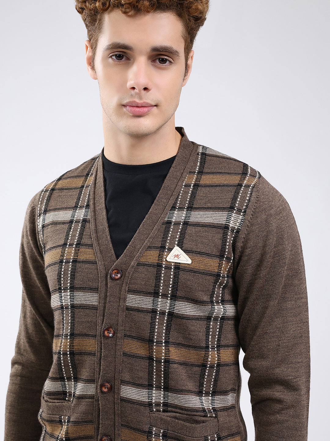 Men Brown Printed V Neck Full Sleeve Cardigan
