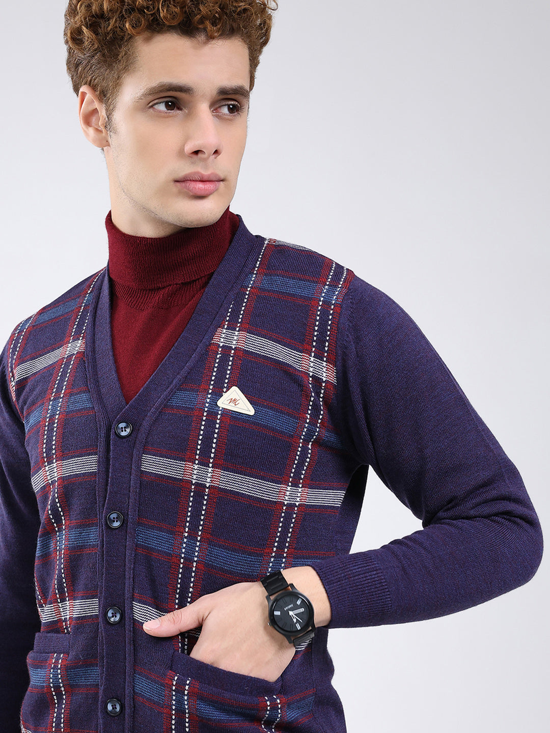 Men Purple Printed V Neck Full Sleeve Cardigan