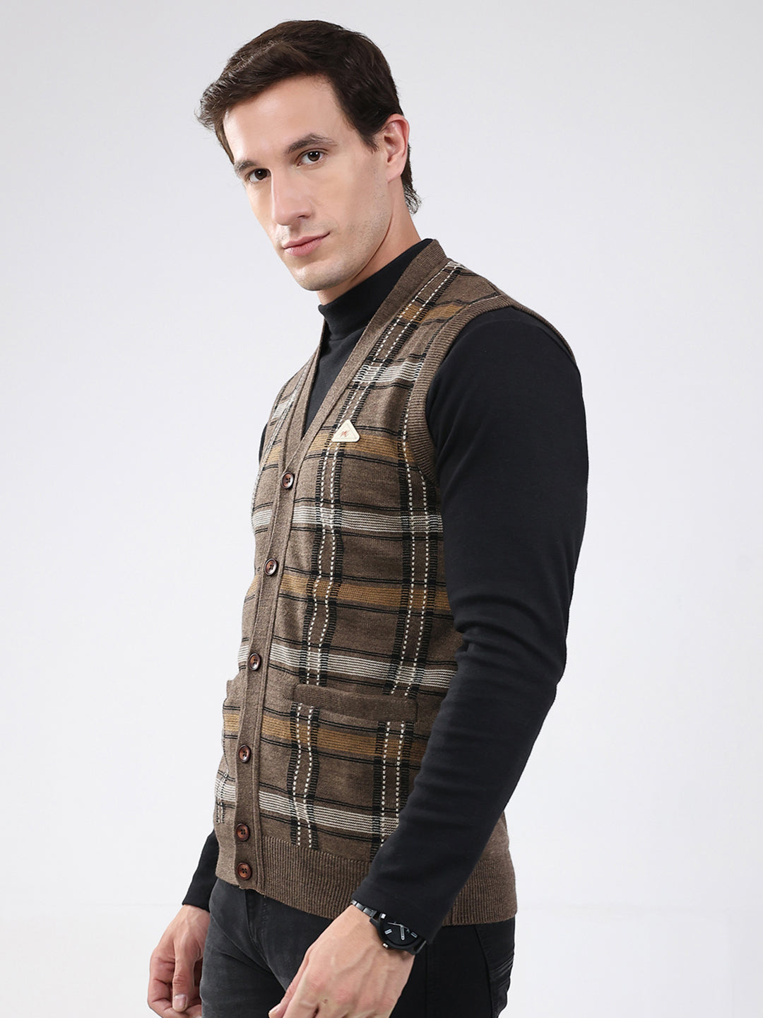 Men Brown Check V Neck Sleeveless Cardigan