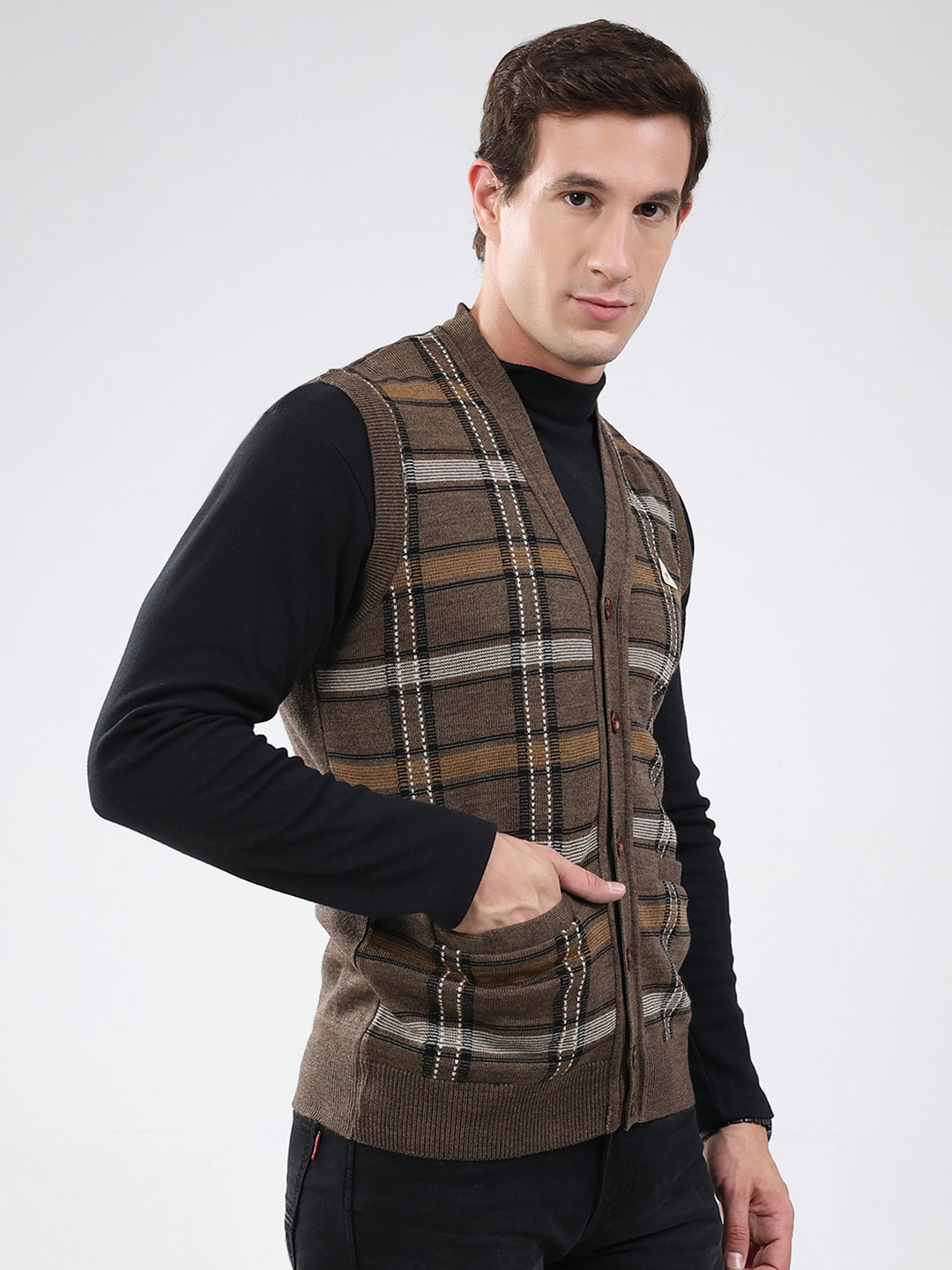 Men Brown Check V Neck Sleeveless Cardigan