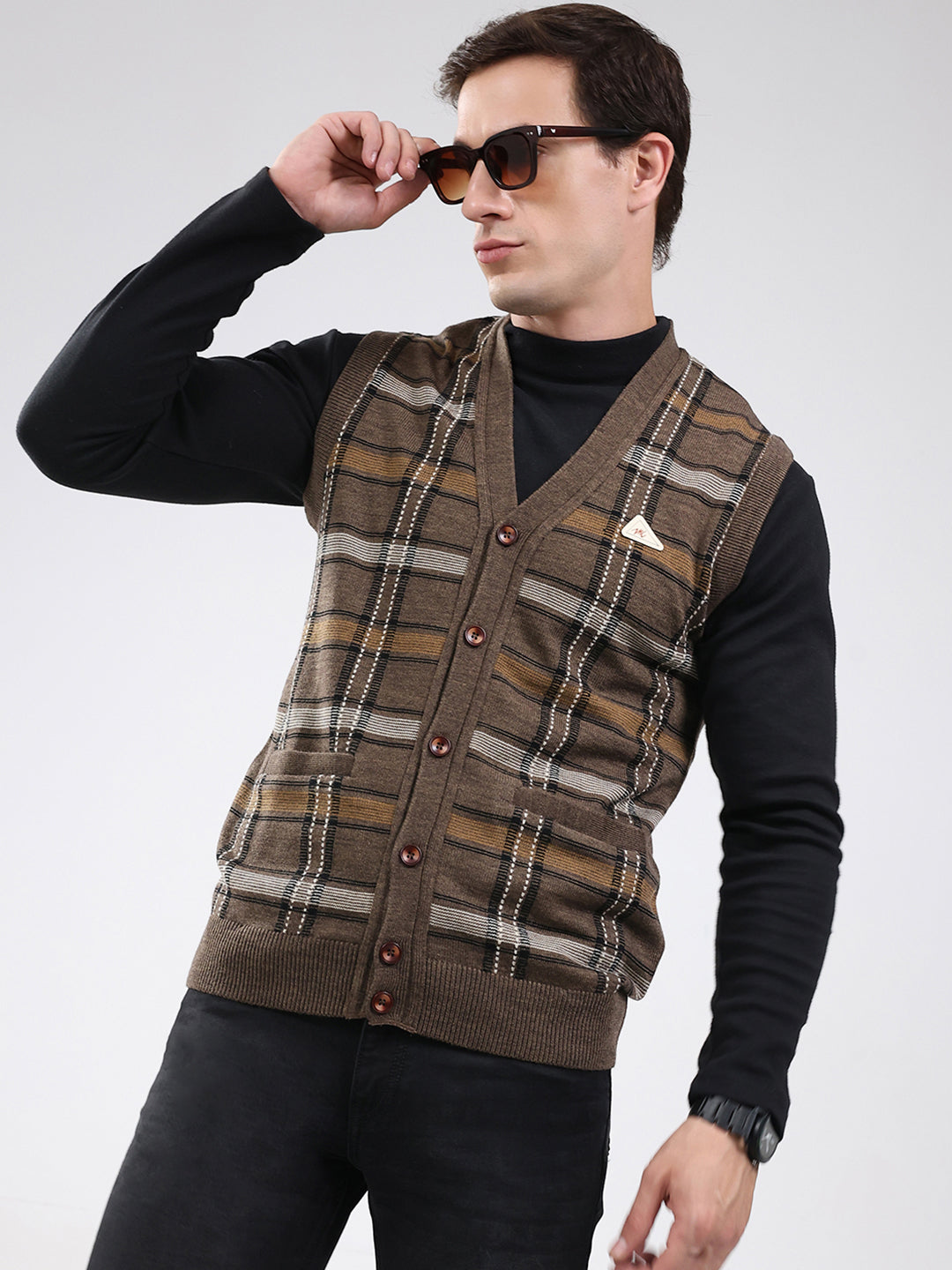 Men Brown Check V Neck Sleeveless Cardigan