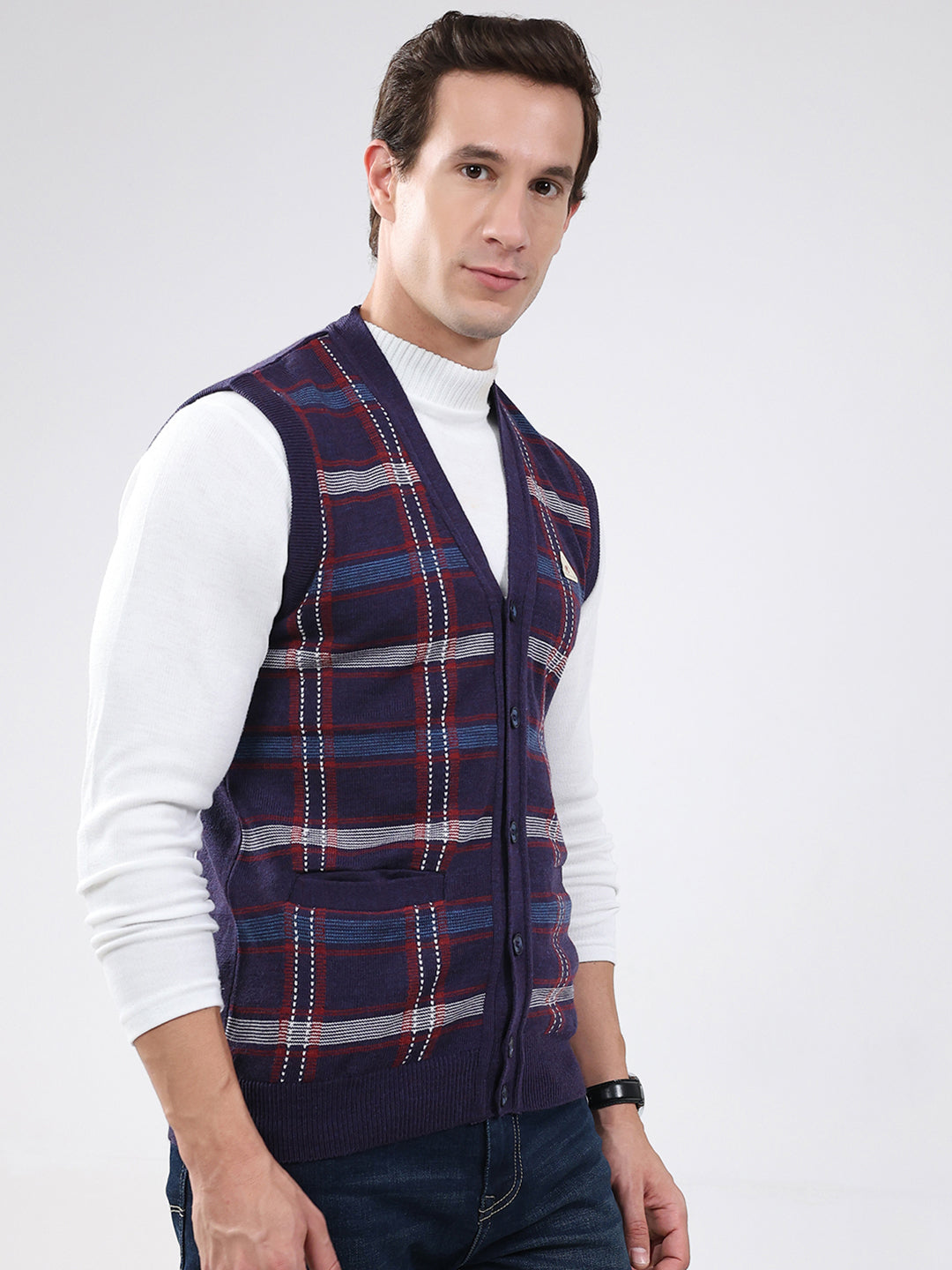 Men Purple Check V Neck Sleeveless Cardigan