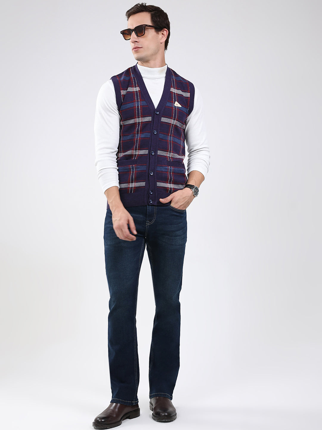 Men Purple Check V Neck Sleeveless Cardigan