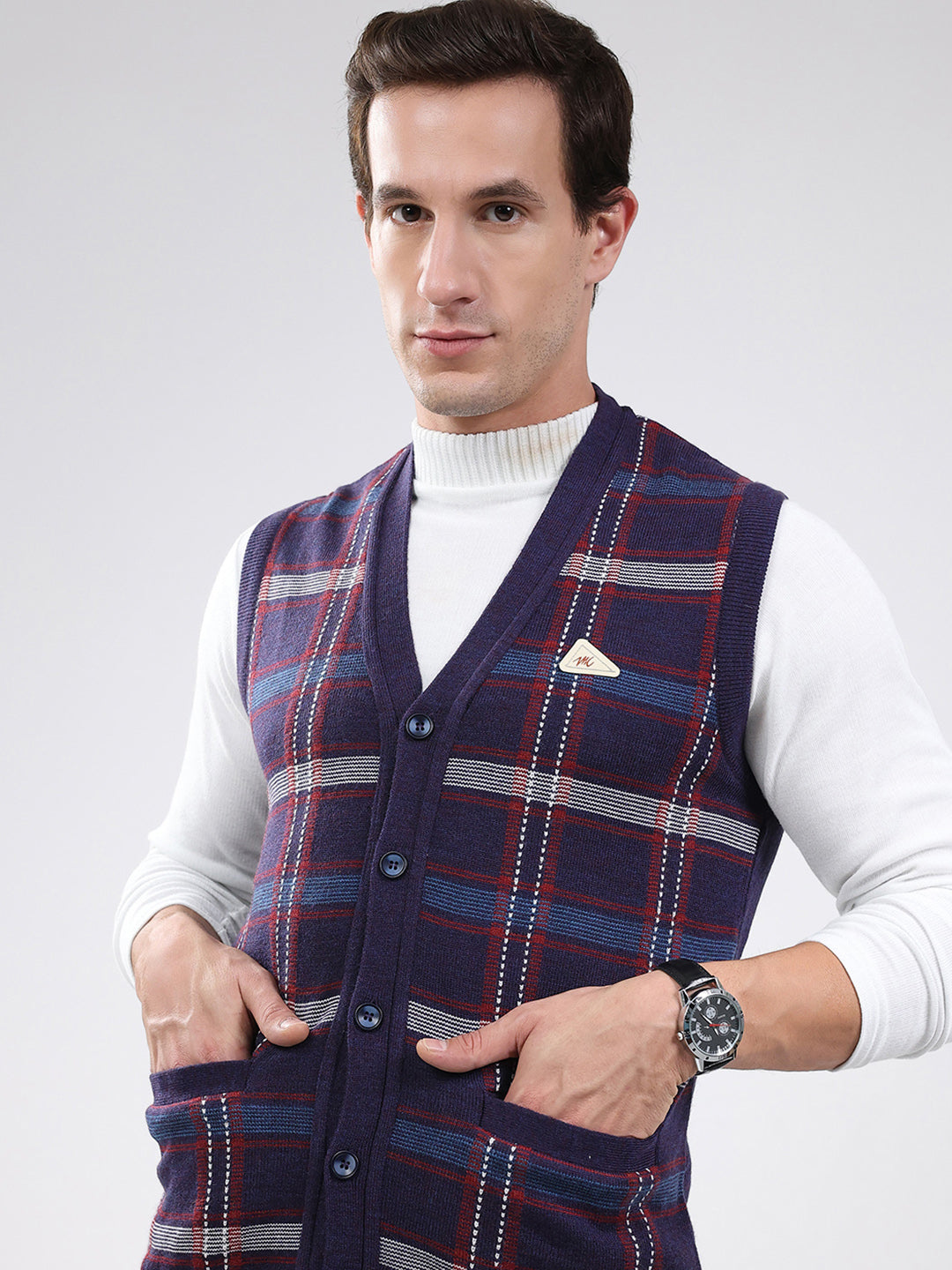 Men Purple Check V Neck Sleeveless Cardigan