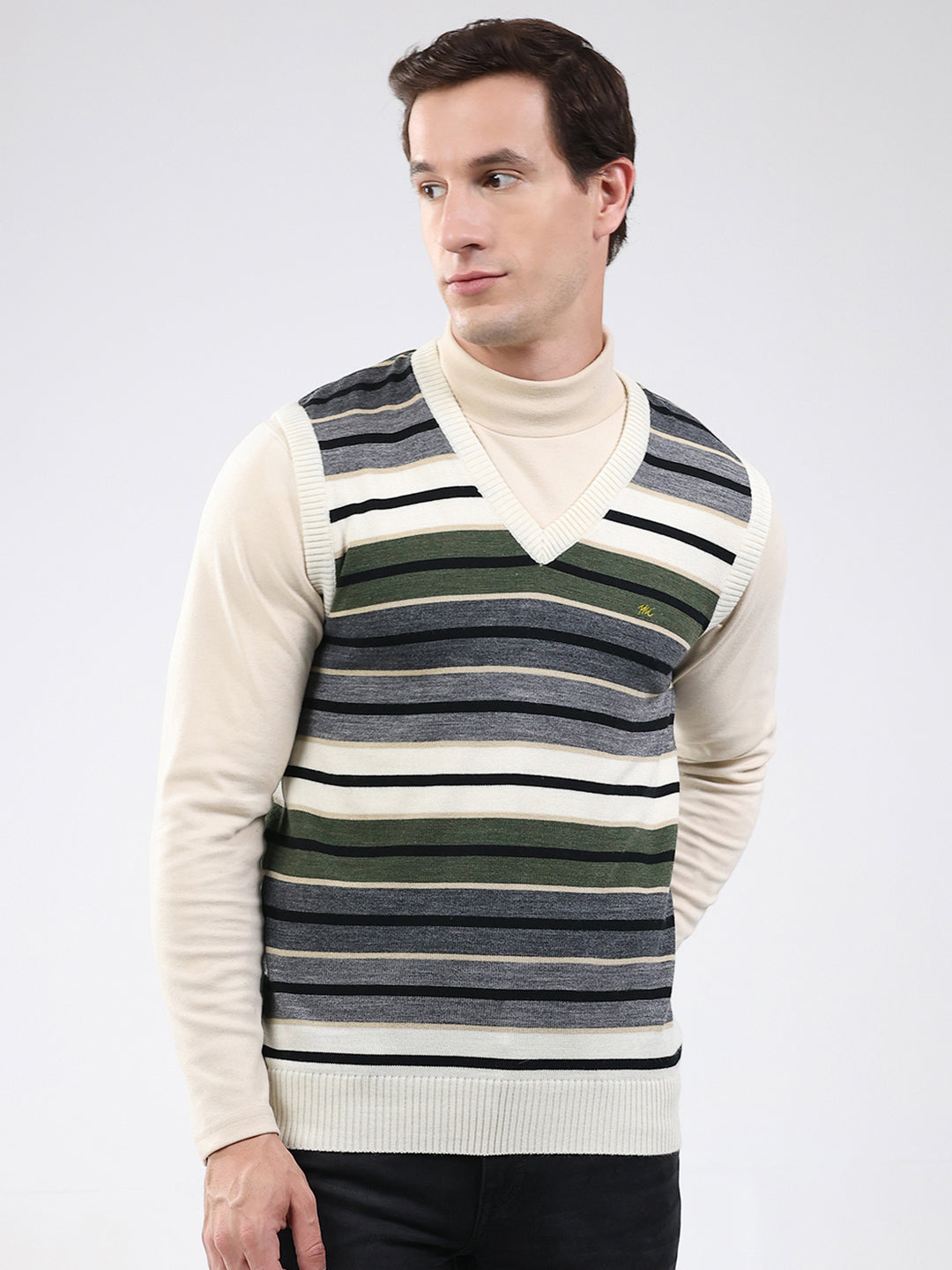Men White & Grey Stripe V Neck Sleeveless Sweater