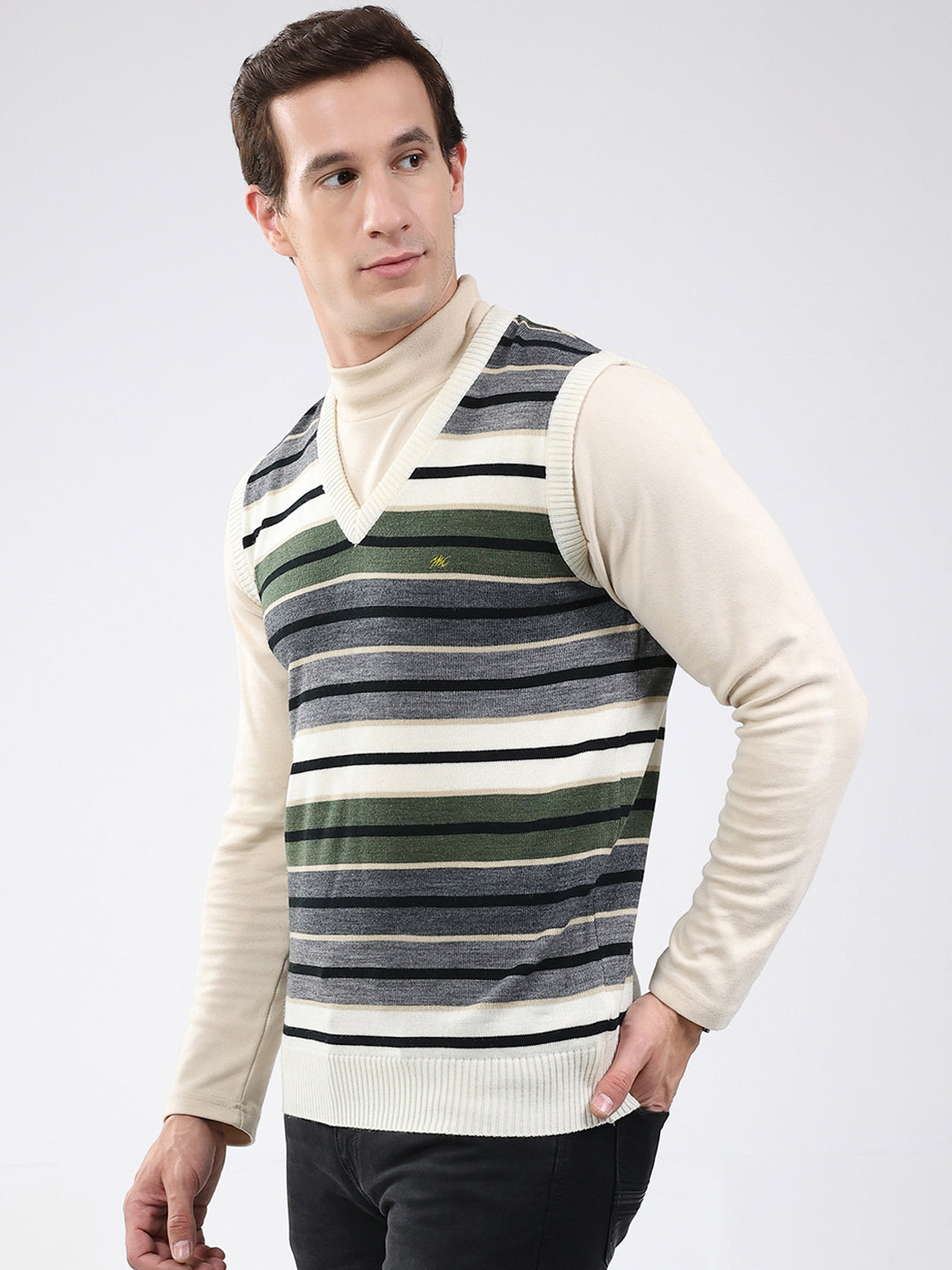 Men White & Grey Stripe V Neck Sleeveless Sweater