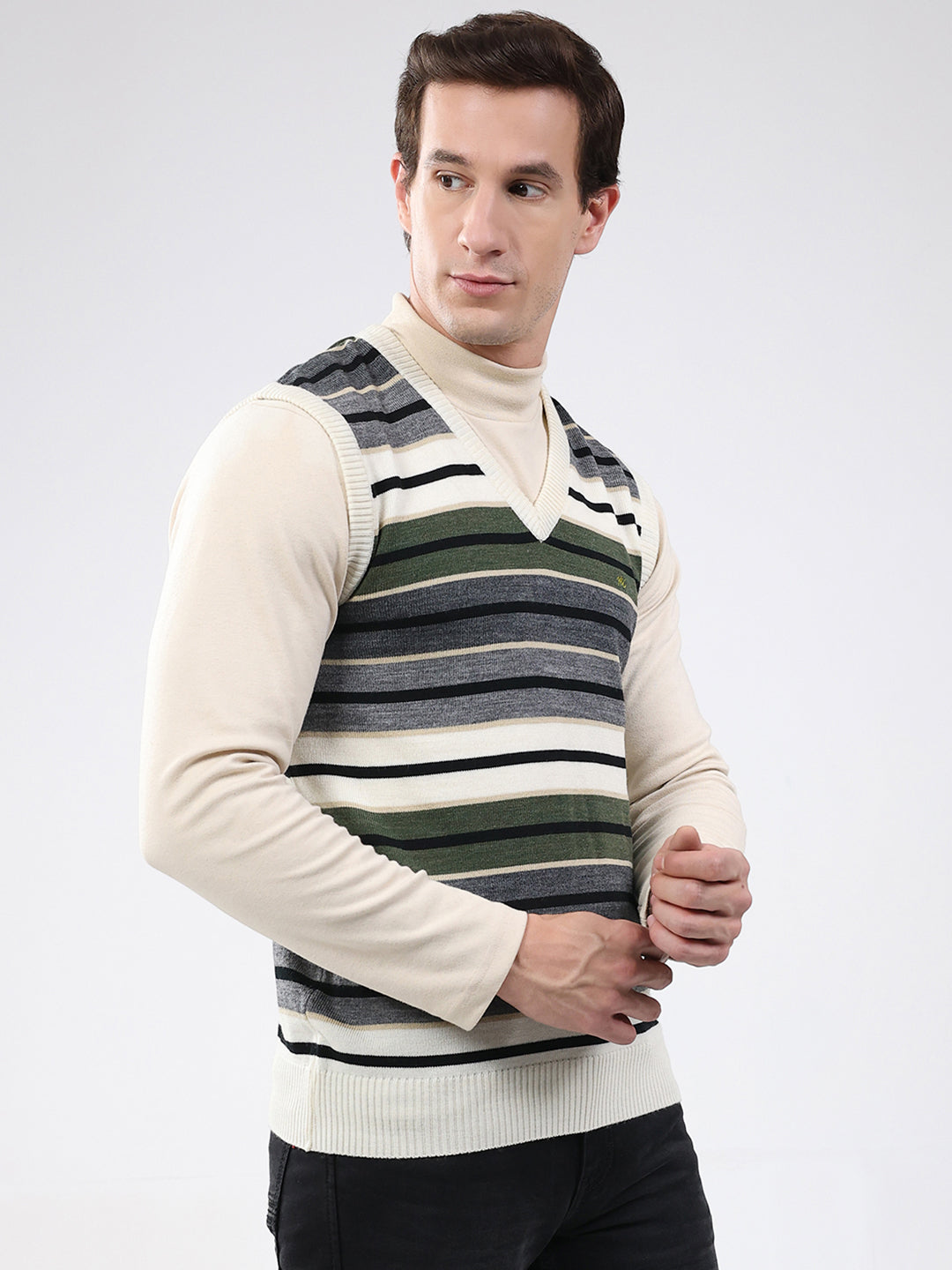 Men White & Grey Stripe V Neck Sleeveless Sweater