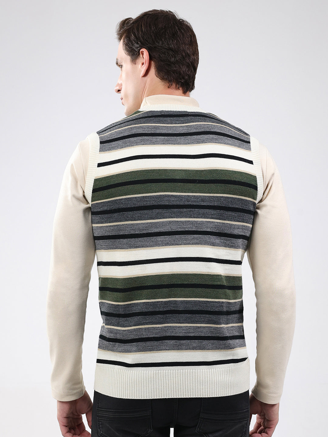 Men White & Grey Stripe V Neck Sleeveless Sweater