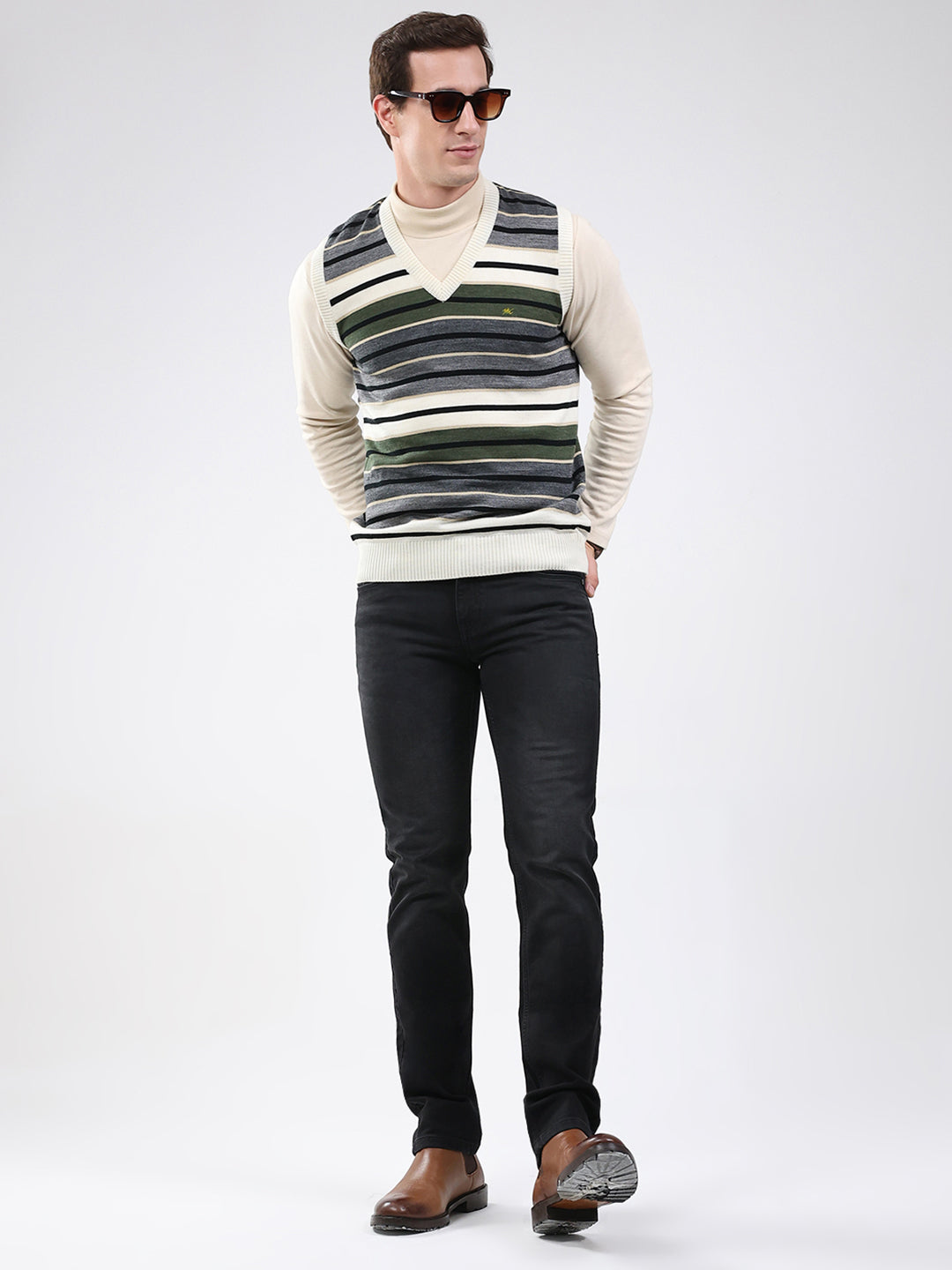 Men White & Grey Stripe V Neck Sleeveless Sweater