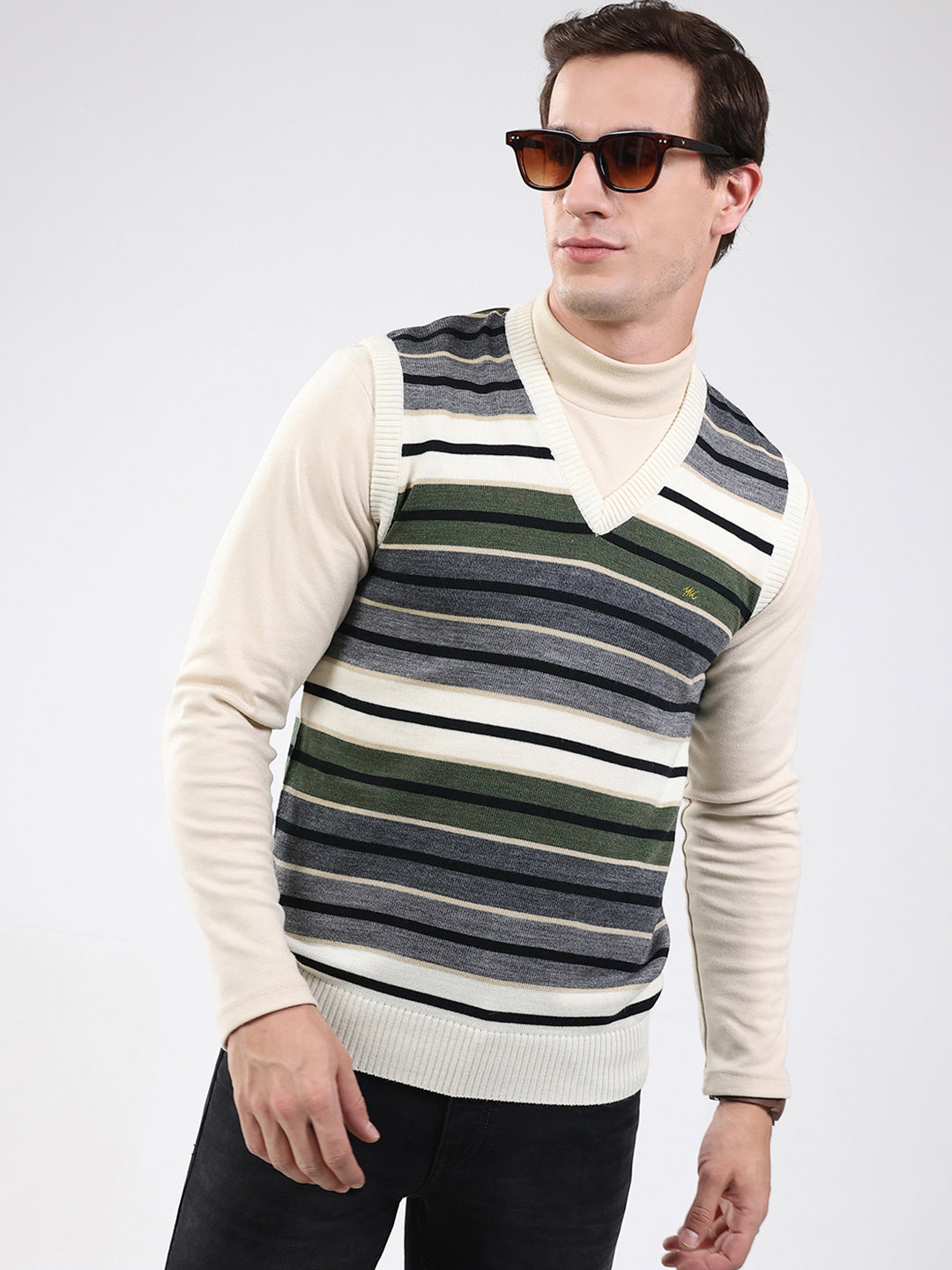 Men White & Grey Stripe V Neck Sleeveless Sweater