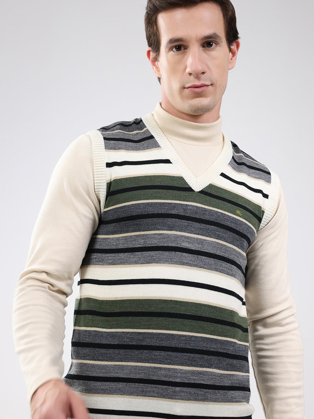 Men White & Grey Stripe V Neck Sleeveless Sweater