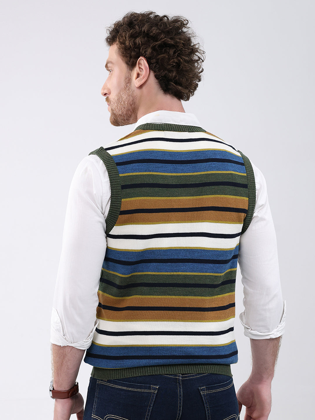 Men Green Stripe V Neck Sleeveless Sweater