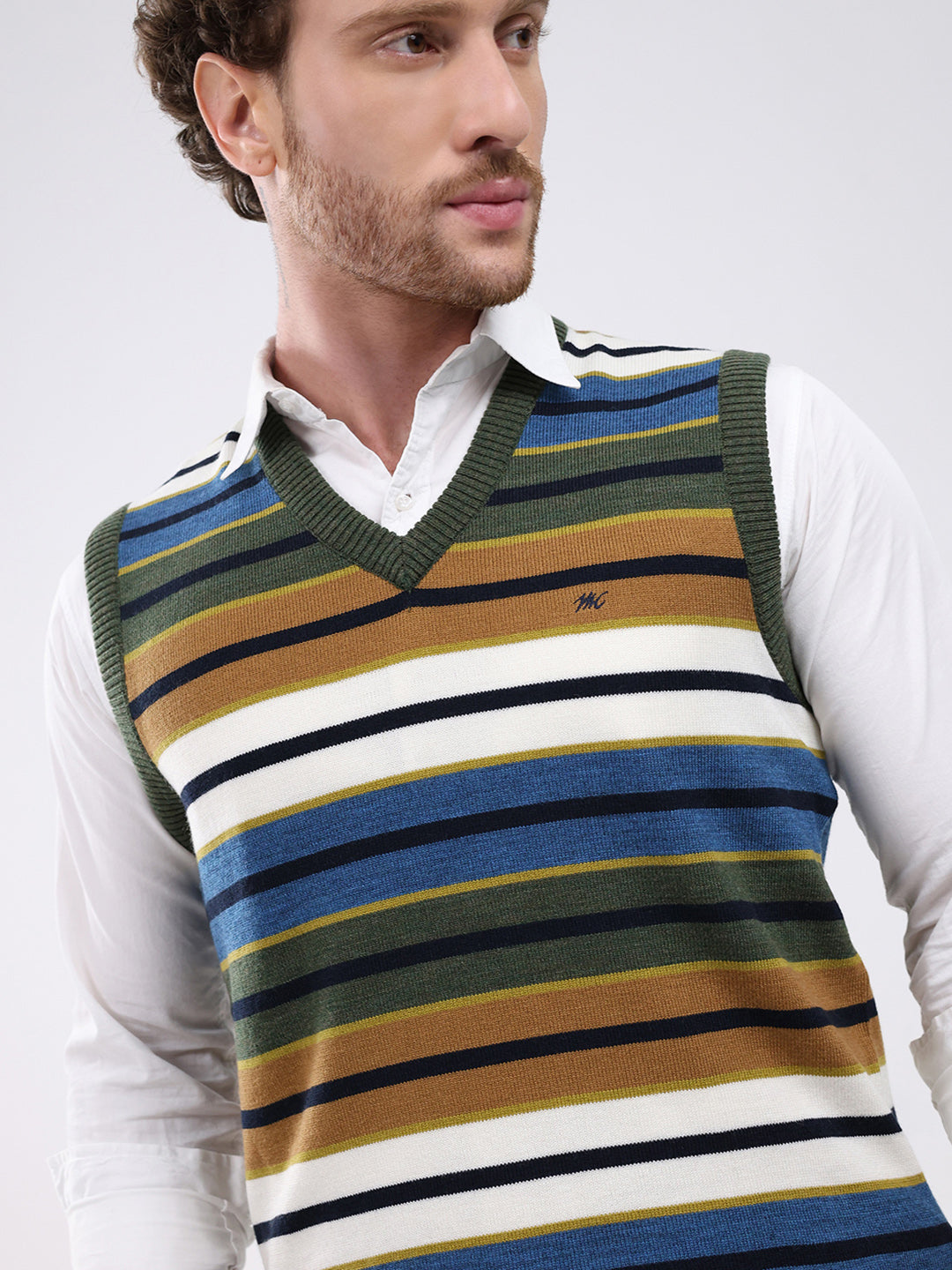 Men Green Stripe V Neck Sleeveless Sweater