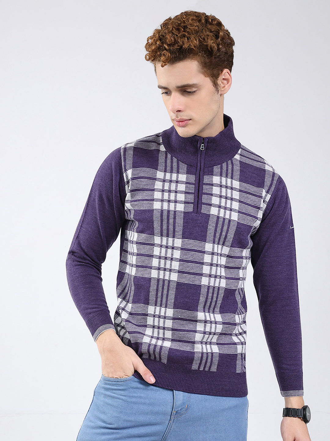 Men Purple Printed Mock Neck Full Sleeve Pullover