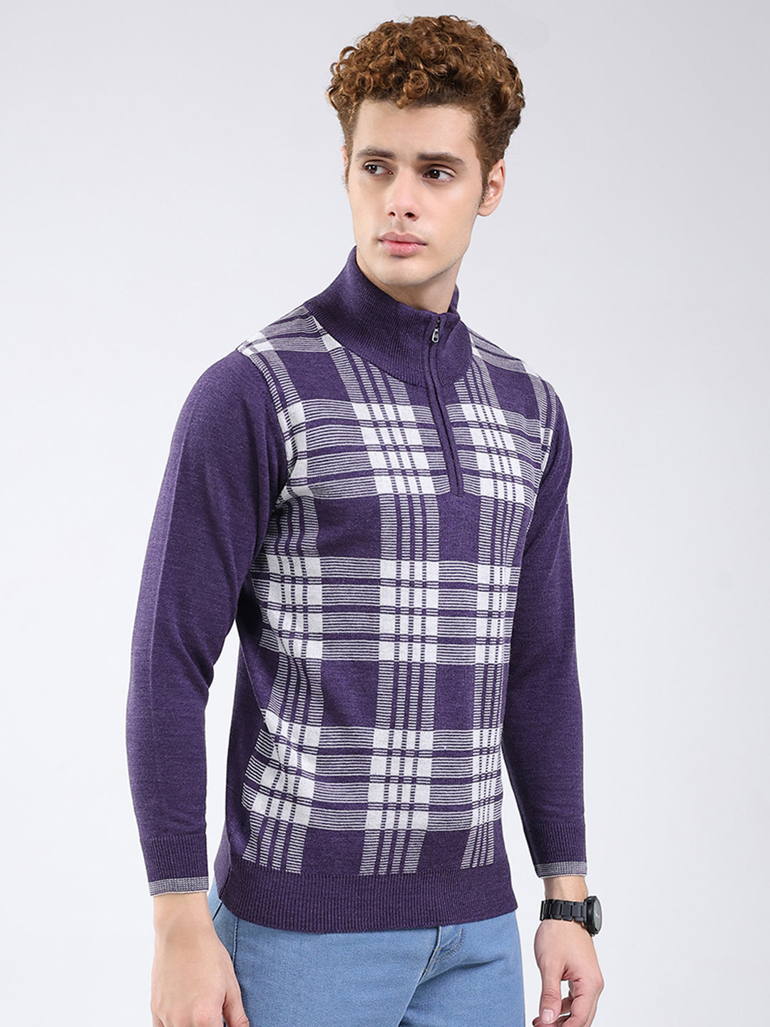 Men Purple Printed Mock Neck Full Sleeve Pullover