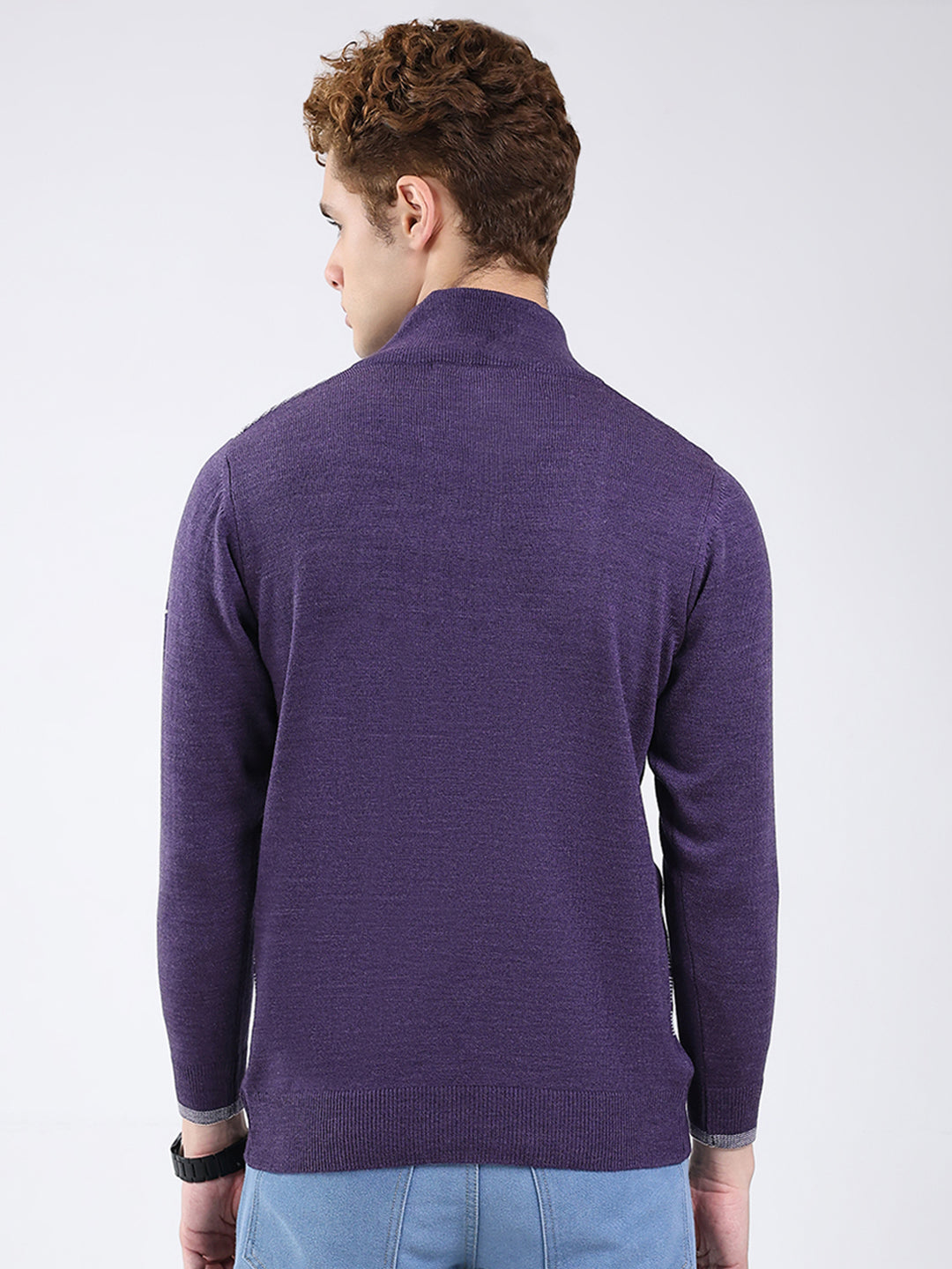 Men Purple Printed Mock Neck Full Sleeve Pullover